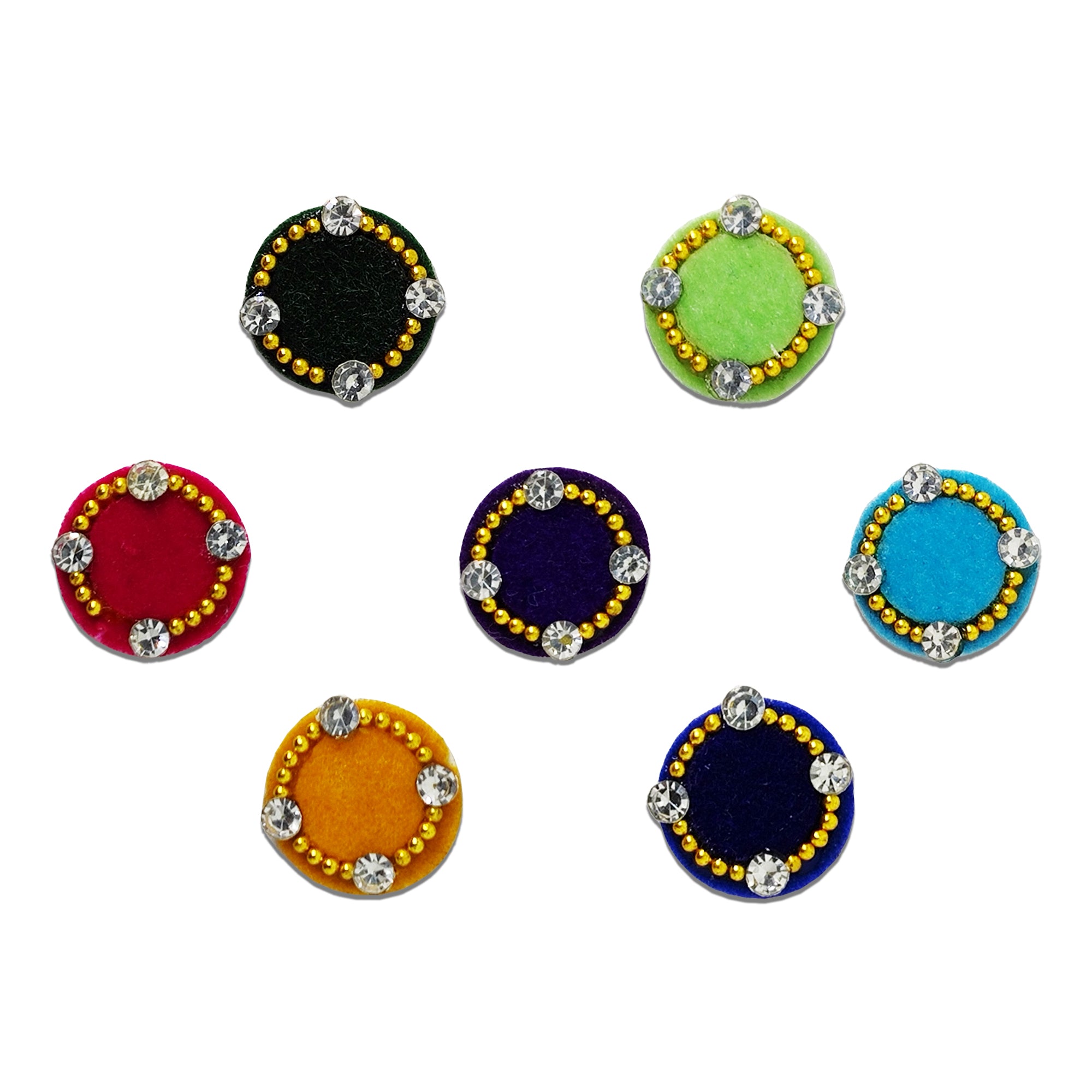 Comet Busters multicolor stone designer bindi sheet featuring 10 reusable self-adhesive bindis with vibrant red, yellow, green, blue, purple, pink, orange, and turquoise teardrop stones, sparkling crystal accents, and gold bead detailing. Premium festive bindis for women and girls, perfect for weddings, Navratri, Diwali, pooja, parties, and traditional ethnic wear.