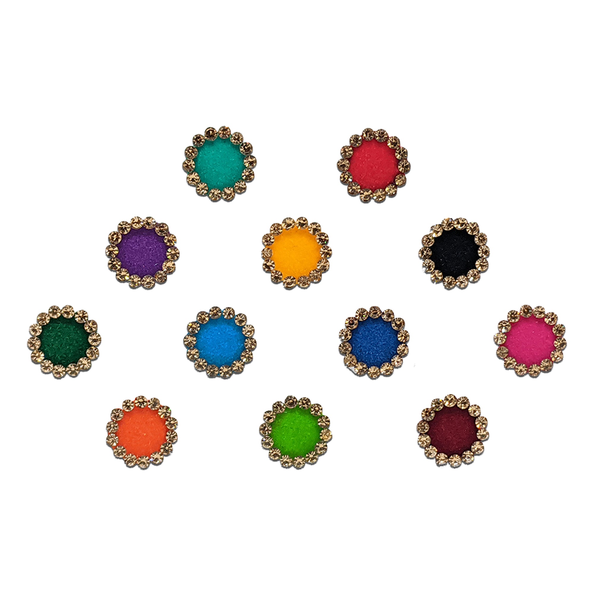 Comet Busters multicolor round bindis featuring sparkling crystal stone borders in vibrant shades like teal, pink, purple, blue, green, orange, yellow, black, and maroon for festive and ethnic wear.