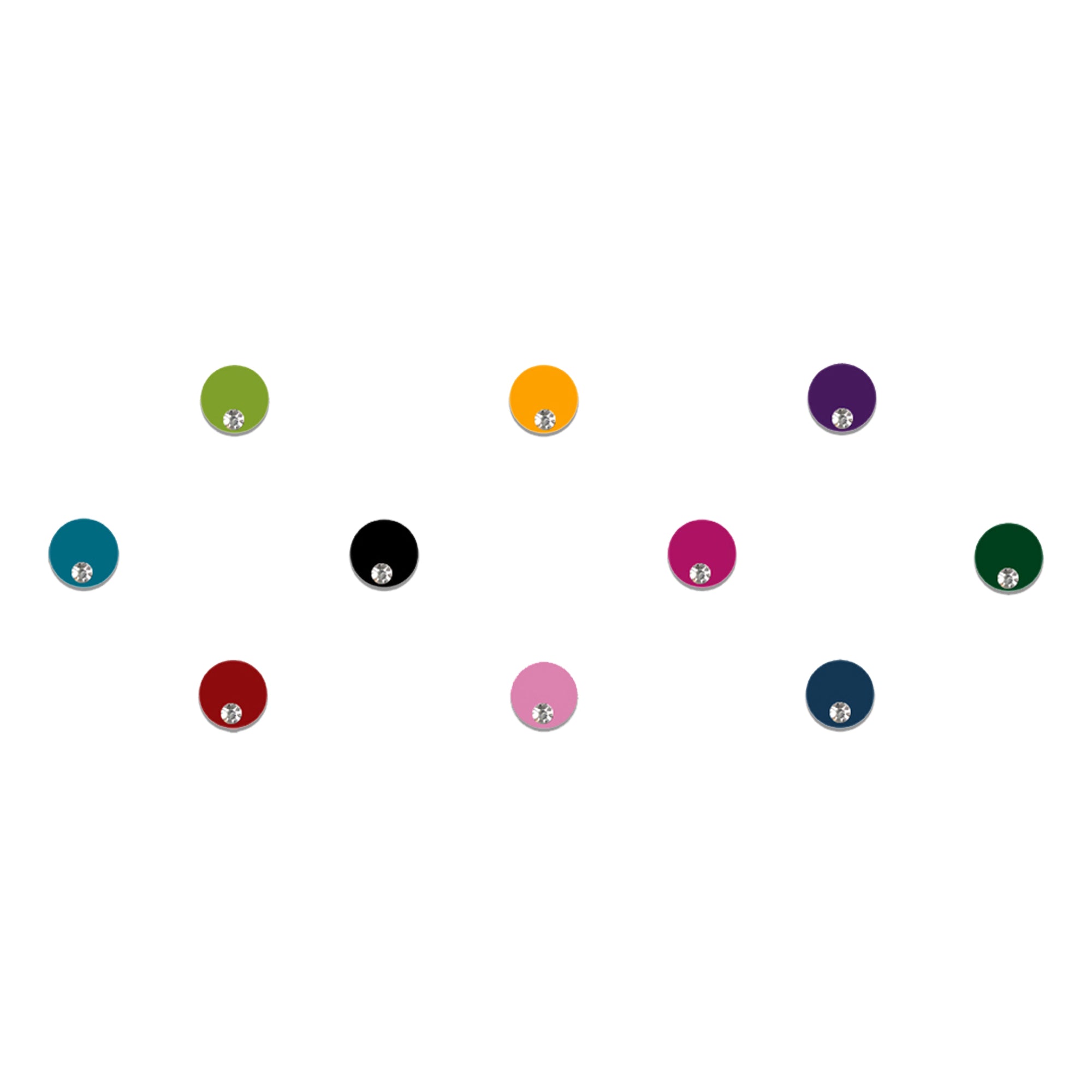 Comet Busters Multicolor Round Stone Velvet Bindis featuring classic circular velvet bindis embellished with a single sparkling crystal stone. Available in olive green, yellow, purple, teal, black, magenta, dark green, red, pink, and navy blue shades. Reusable designer bindis for women and girls, ideal for festive occasions, traditional wear, weddings, parties, and everyday ethnic styling.