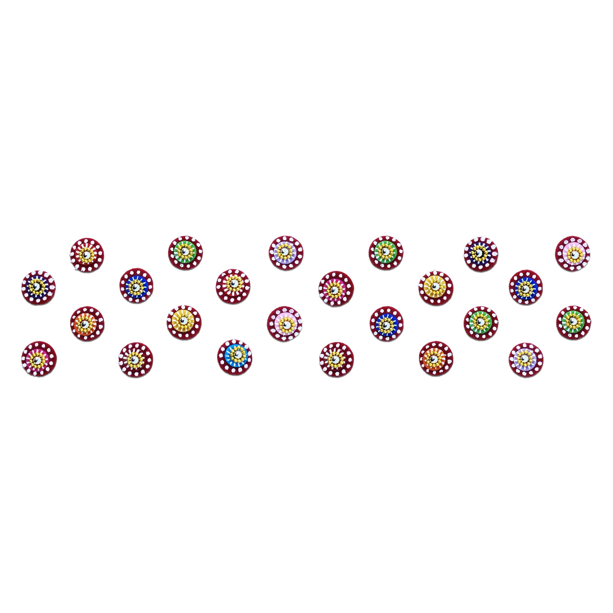 Comet Busters multicolor round traditional designer bindi sheet featuring maroon base bindis with vibrant multicolor floral dot centers and white dotted borders. Reusable self-adhesive bindis for women and girls, perfect for everyday wear, festive celebrations, Navratri, Diwali, Karwa Chauth, weddings, temple visits, cultural events, sarees, lehengas, salwar suits, and ethnic fashion.