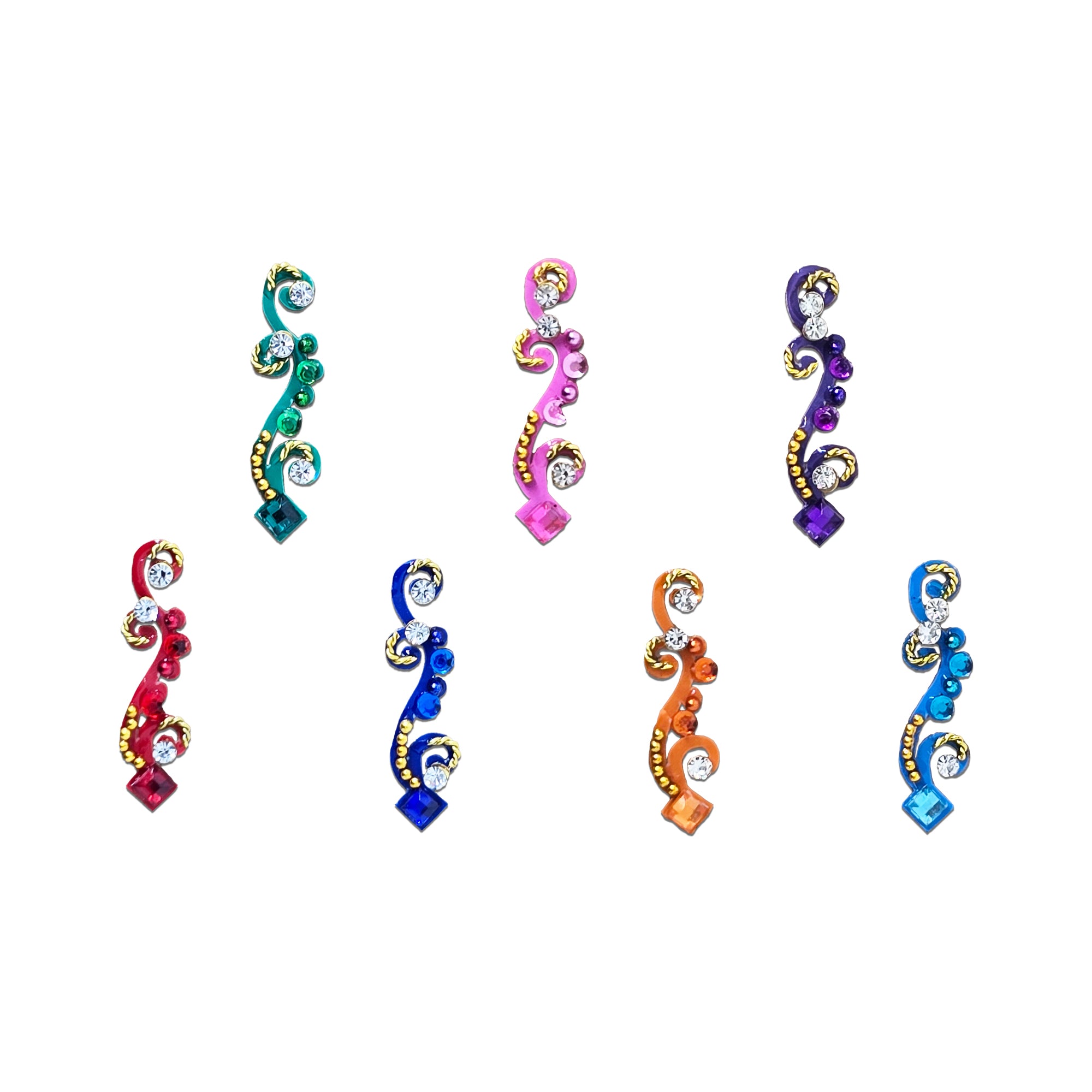 Comet Busters Multicolor Crystal Vine Designer Bindi set featuring elegant vine-shaped bindis in red, royal blue, sky blue, green, pink, yellow, and purple with gold detailing, pearl accents, and sparkling crystal stones. Premium self-adhesive reusable bindis for women and girls, ideal for weddings, festivals, parties, classical dance performances, and traditional or fusion ethnic wear.