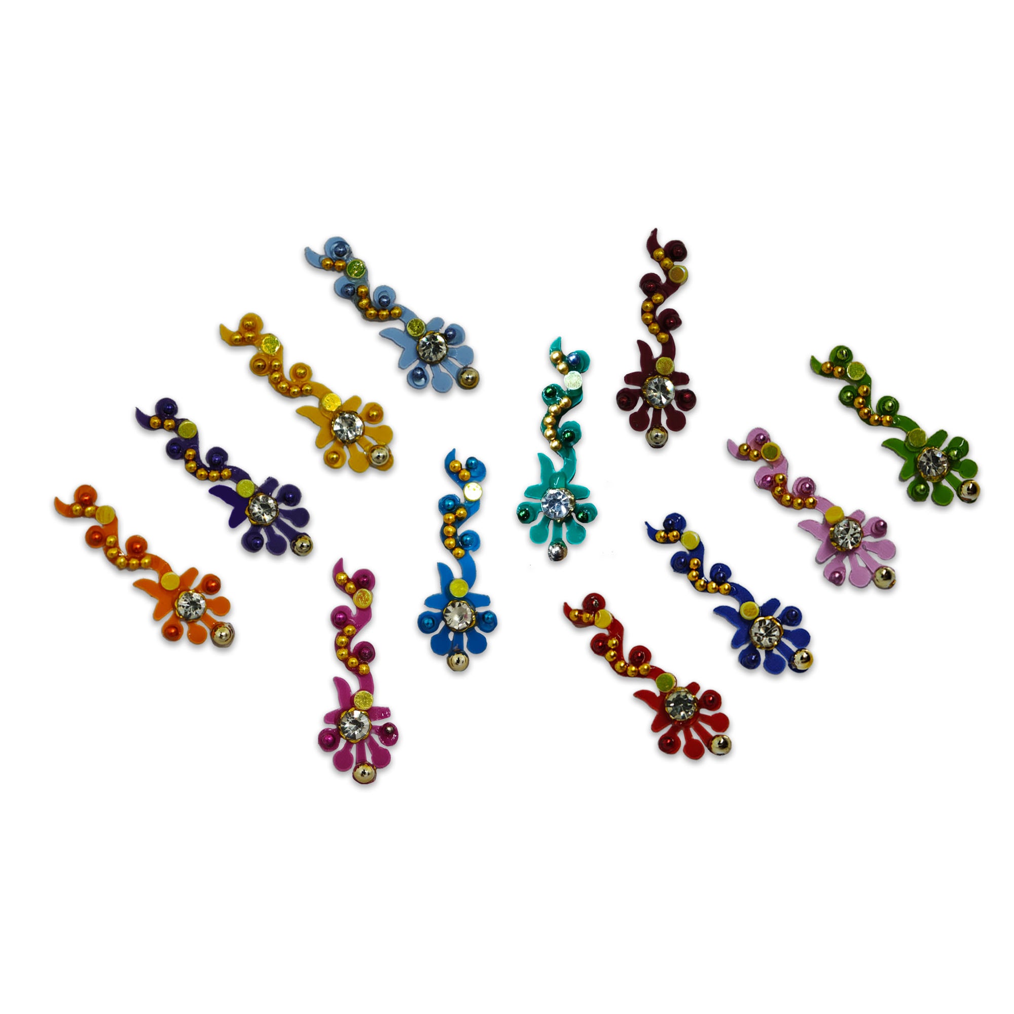 Comet Busters Multicolor Crystal Spiral Designer Bindi featuring an elegant swirling vine design with sparkling white crystal stones, gold-tone detailing, and vibrant shades of red, pink, purple, blue, sky blue, yellow, green, maroon, and lime green. Perfect for women and girls for weddings, festivals, Navratri, Diwali, parties, classical dance performances, and traditional ethnic wear.