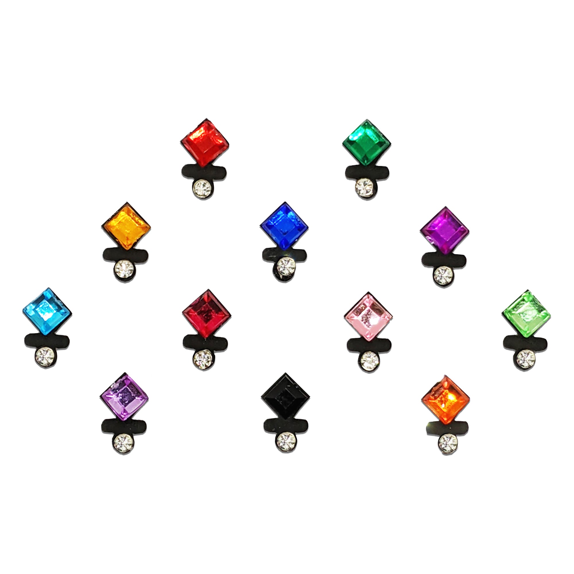 Comet Busters bindi set featuring multicolor square-cut crystal stones in red, green, blue, pink, purple, orange, black, and aqua shades. Each decorative bindi is enhanced with a sparkling clear rhinestone accent below the crystal, offering a stylish geometric look for weddings, festivals, parties, cultural celebrations, and traditional ethnic wear.
