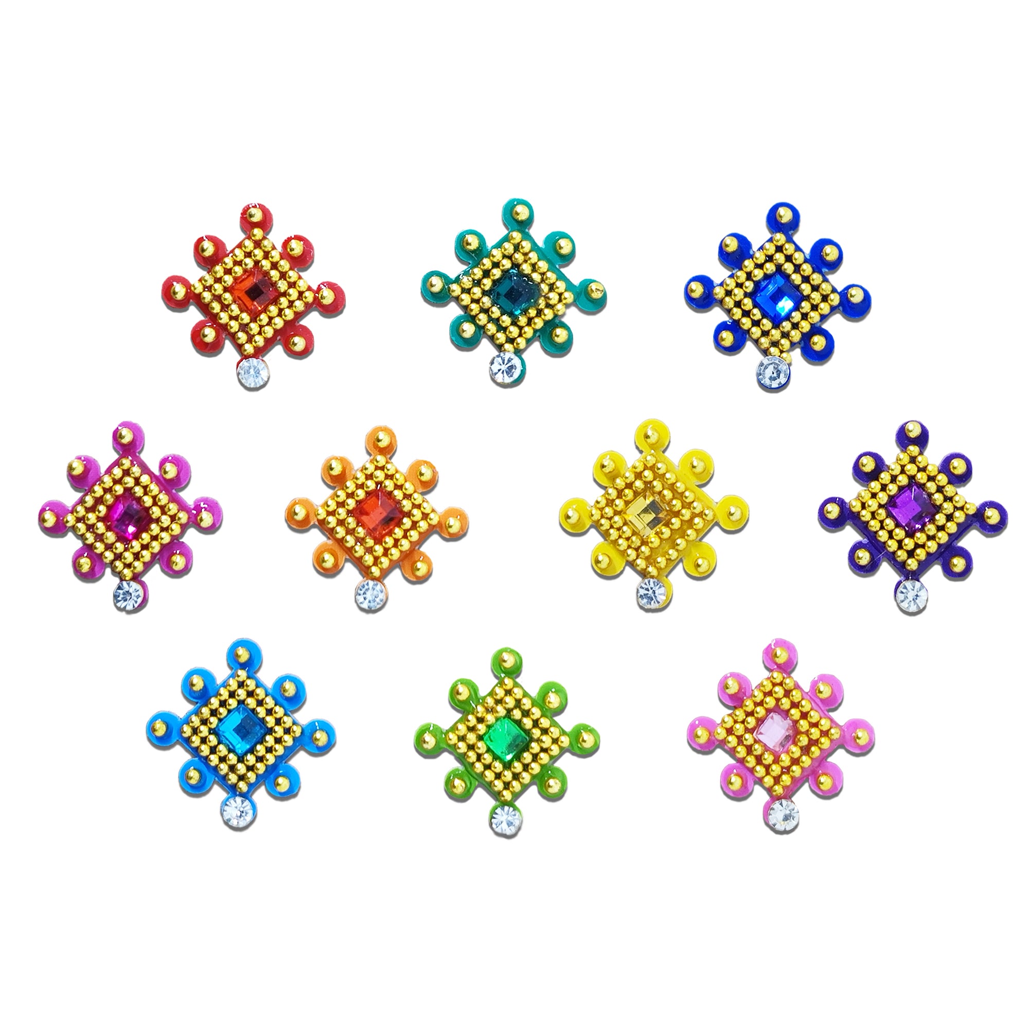 Comet Busters multicolor square designer bindi set featuring red, teal, royal blue, magenta, orange, yellow, purple, sky blue, green, and pink bindis with gold bead detailing, square Kundan stones, and crystal drop accents. Self-adhesive decorative bindis for women and girls, perfect for weddings, festivals, Navratri, Diwali, parties, classical dance, and traditional ethnic wear.
