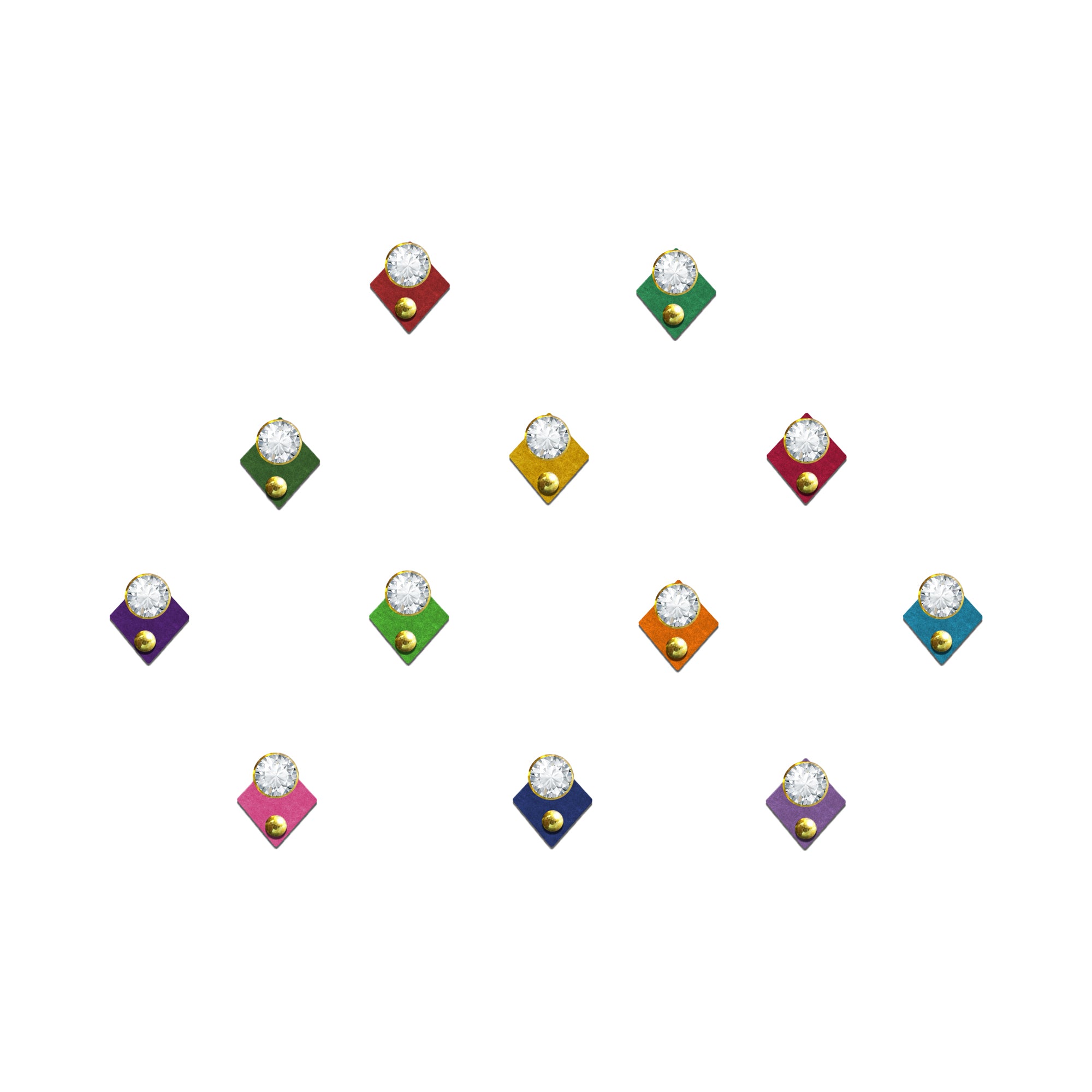 Diamond-shaped fabric bindis featuring clear crystal stones with golden bead accents on maroon base, designed for traditional and festive ethnic wear.