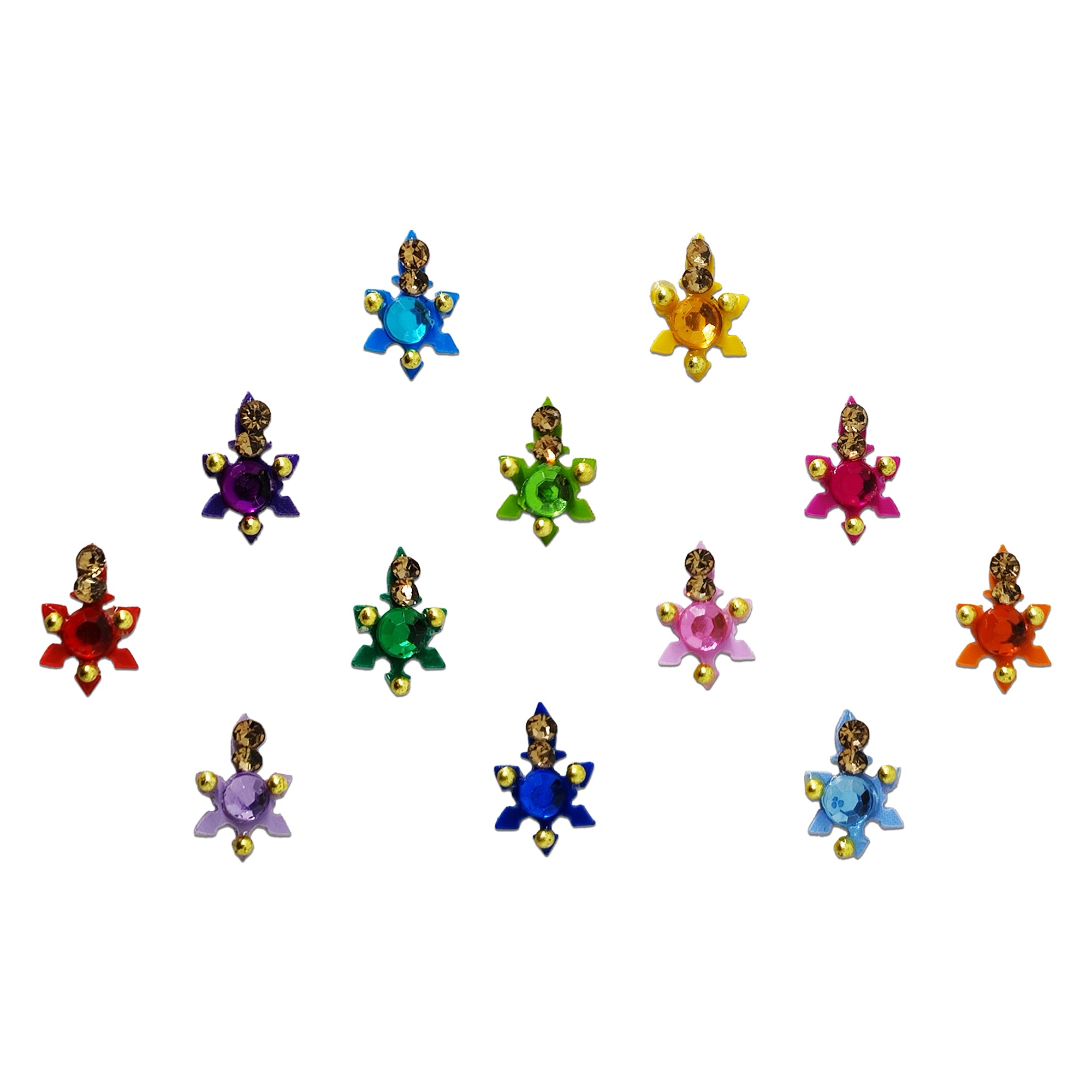 Comet Busters multicolor star-shaped designer bindis featuring colorful crystal stones, gold bead accents, and floral-inspired motifs for festive and ethnic wear.