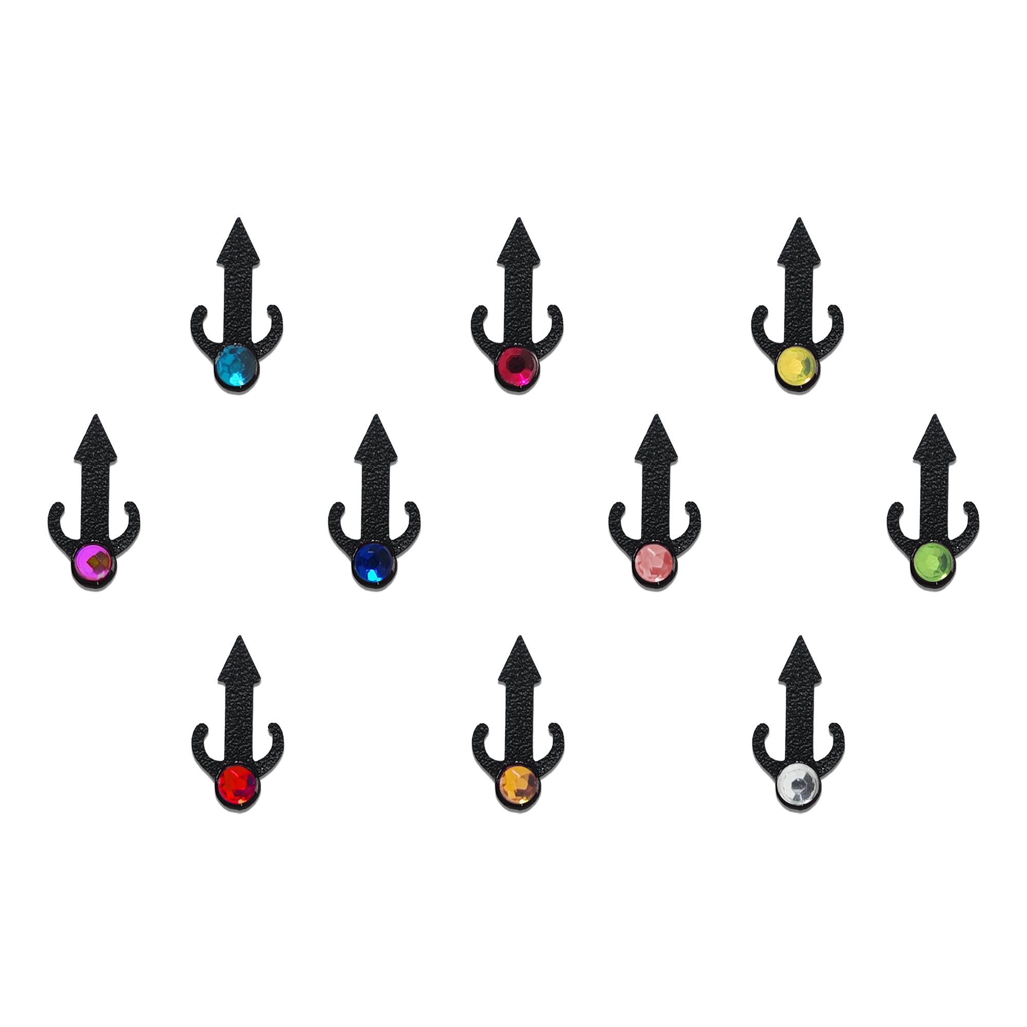 Comet Busters multicolor anchor designer bindi set featuring black anchor-shaped bindis with sparkling crystal stones in blue, red, yellow, pink, green, orange, white, and purple for women and girls.