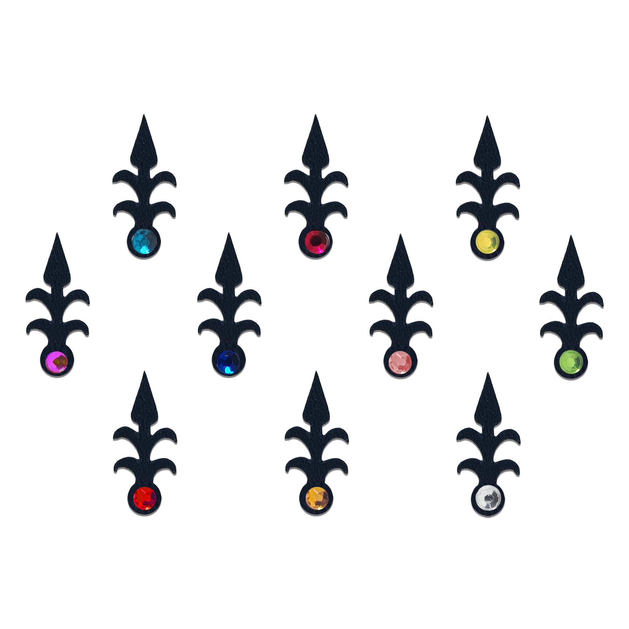 Comet Busters multicolor arrow designer velvet bindi collection featuring colorful stone embellishments for women and girls.