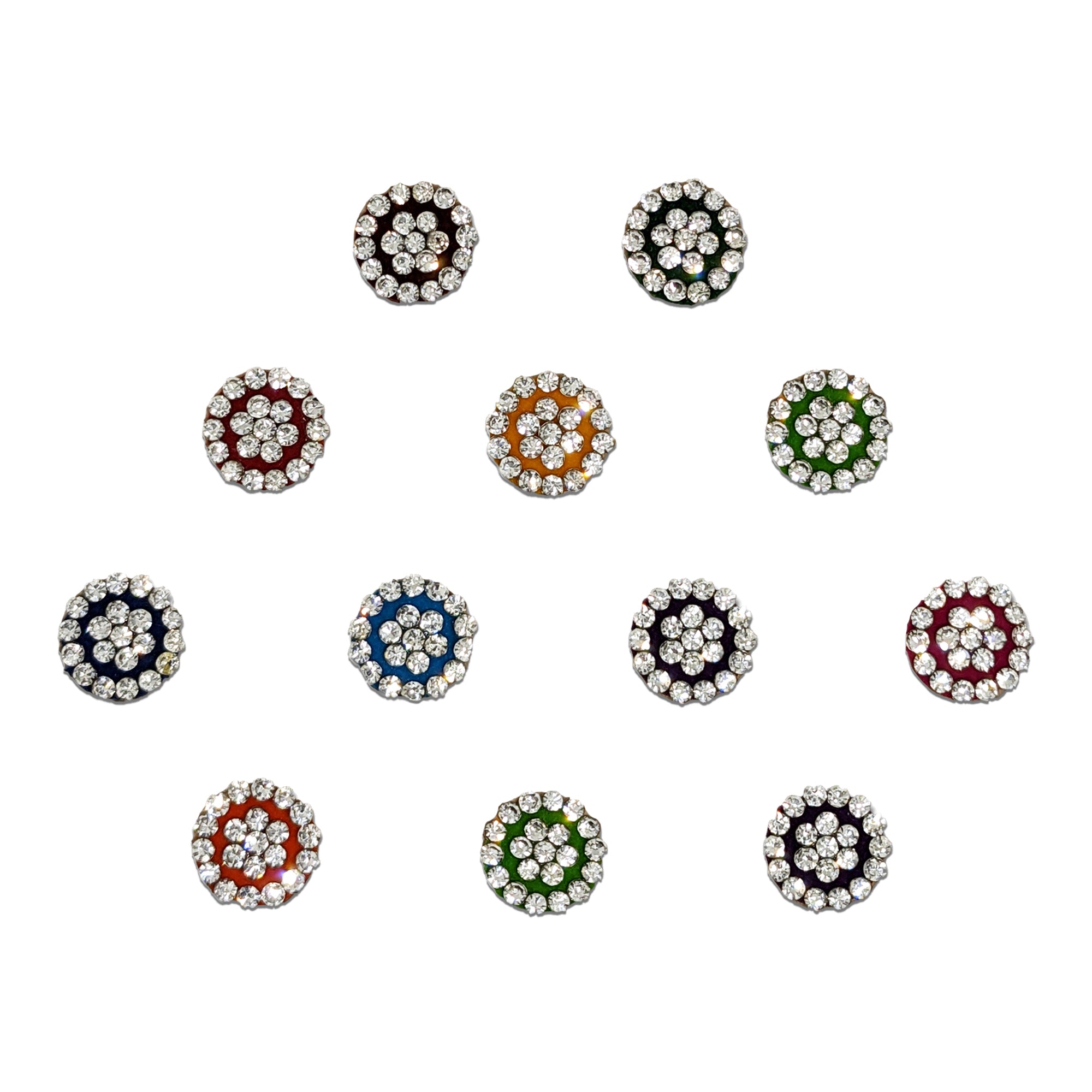 Comet Busters Multicolor Floral Stone Bindis featuring sparkling crystal stones arranged in a floral round design with vibrant color accents including red, green, blue, orange, purple, pink, and black. Premium self-adhesive designer bindis ideal for festive wear, weddings, parties, and traditional ethnic fashion.