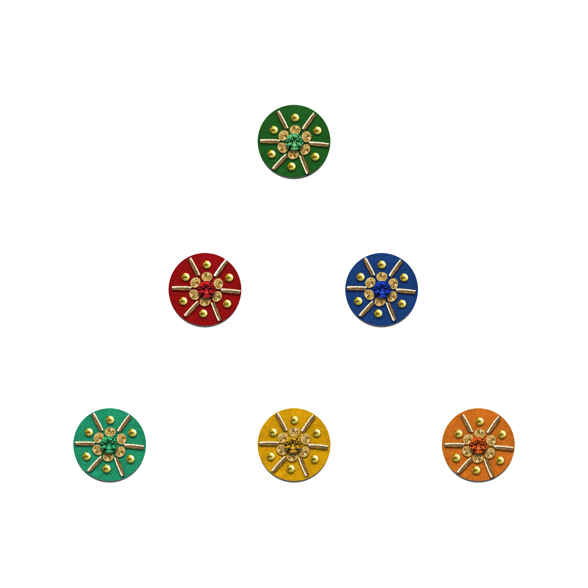 Multicolor 9mm round velvet bindis design with center stone, golden accents, and decorative rhinestone rays in green, red, blue, turquoise, yellow, and orange shades.