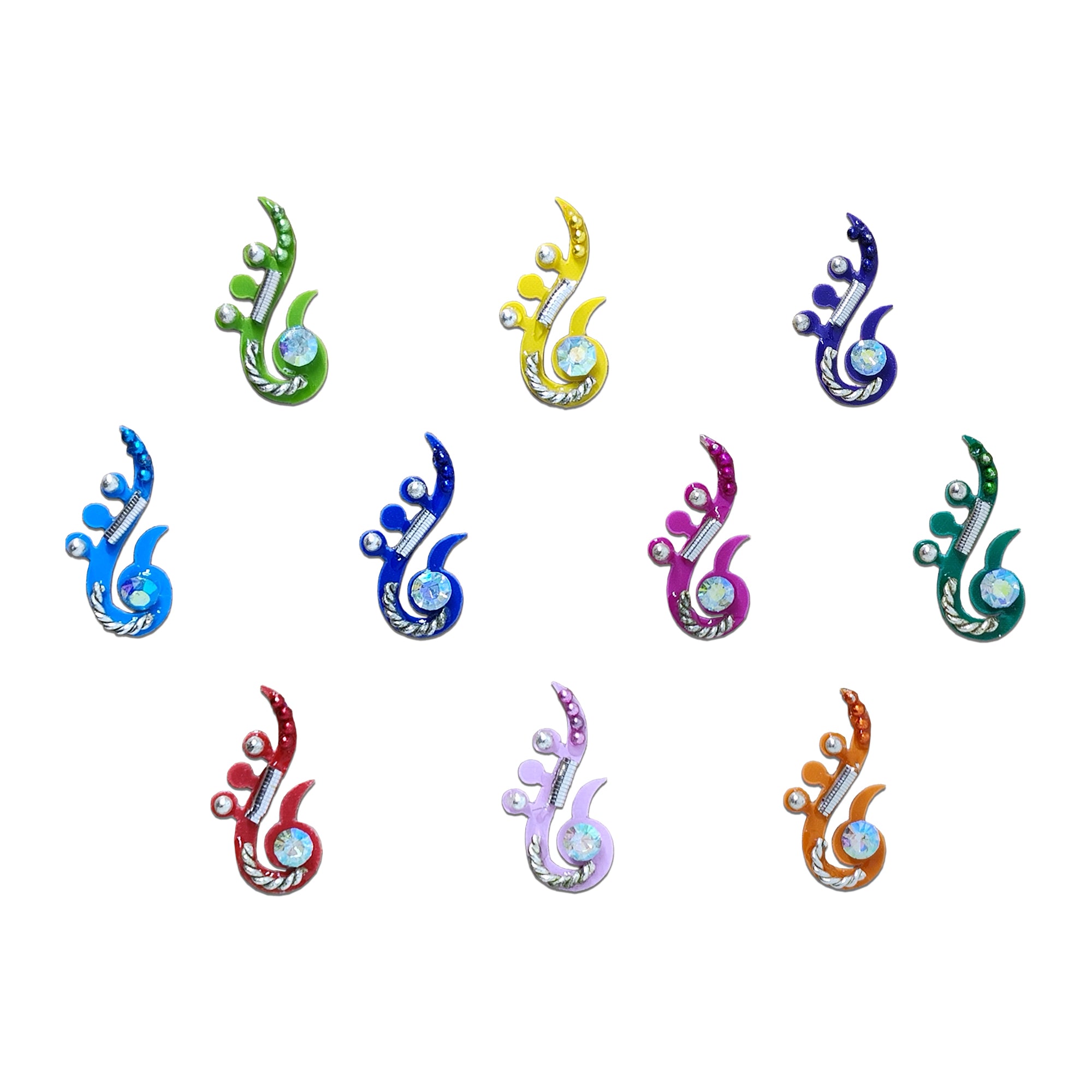 Comet Busters Colorful musical note designer bindis embellished with crystal stones and glitter accents.