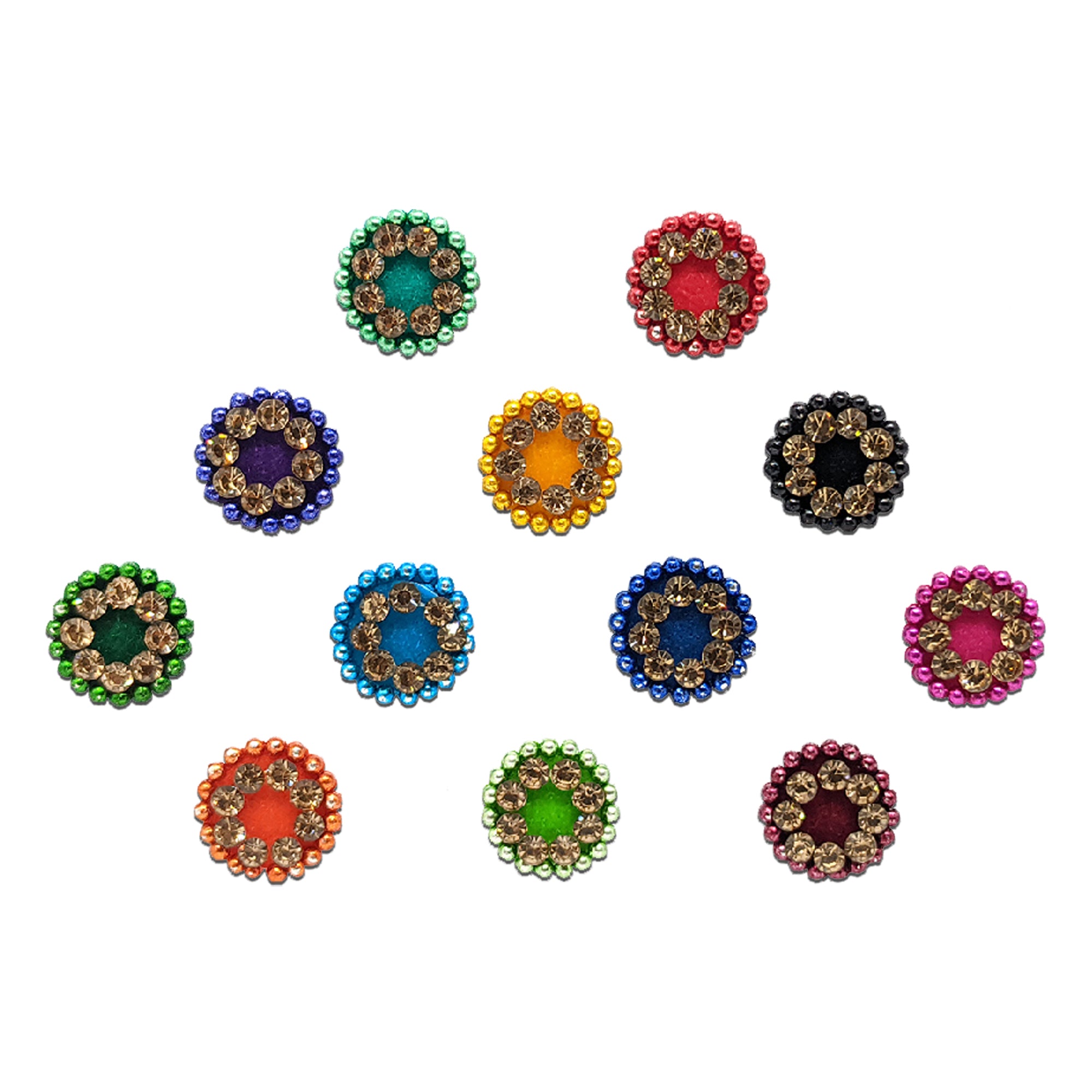 Comet Busters multicolor round bindis featuring sparkling crystal stone rings with metallic bead borders in vibrant shades like blue, pink, green, orange, yellow, black, and purple for festive and ethnic wear.