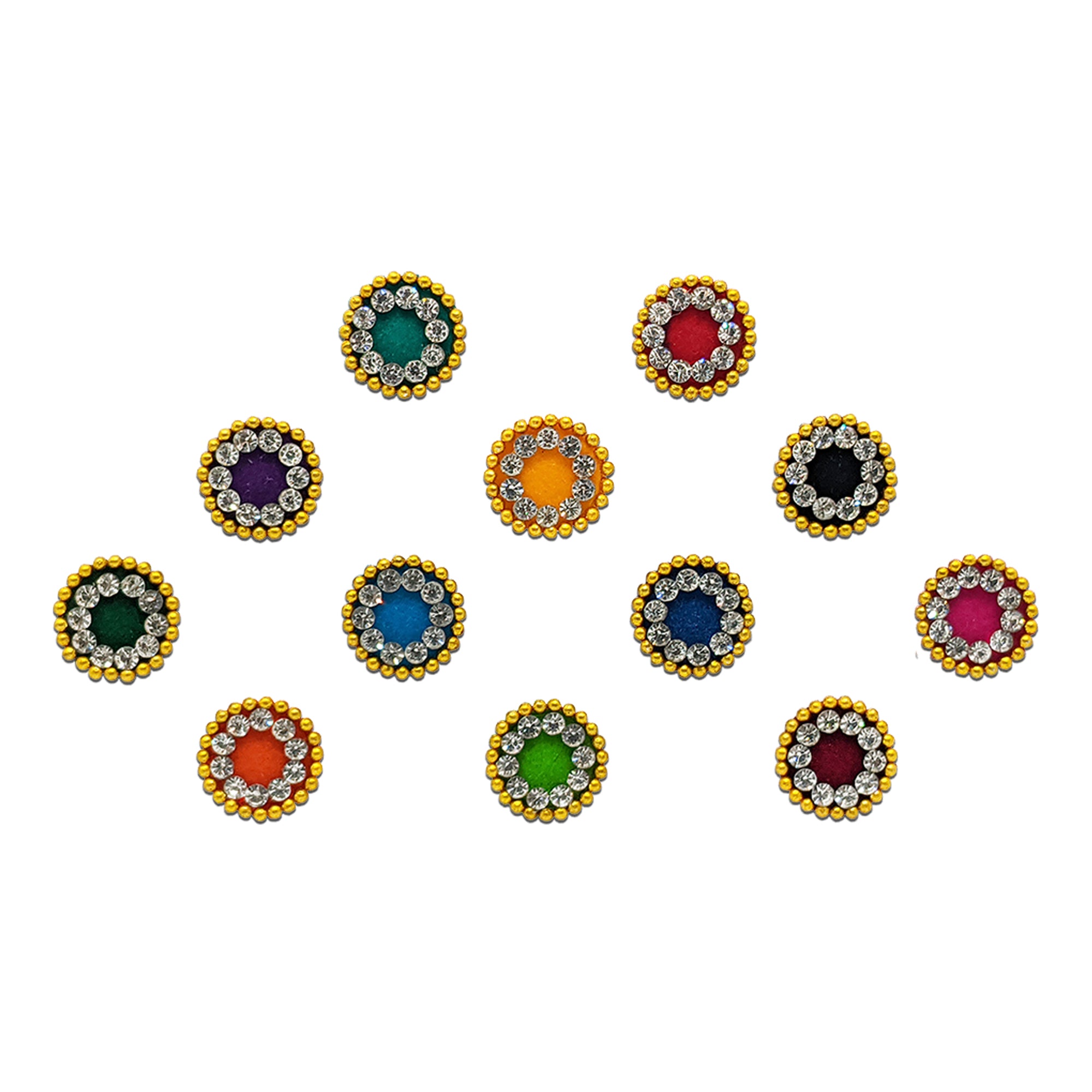 Comet Busters multicolor round bindis featuring sparkling crystal stone halo rings with golden bead borders in vibrant shades like teal, pink, purple, blue, green, orange, yellow, black, and maroon for festive and ethnic wear.