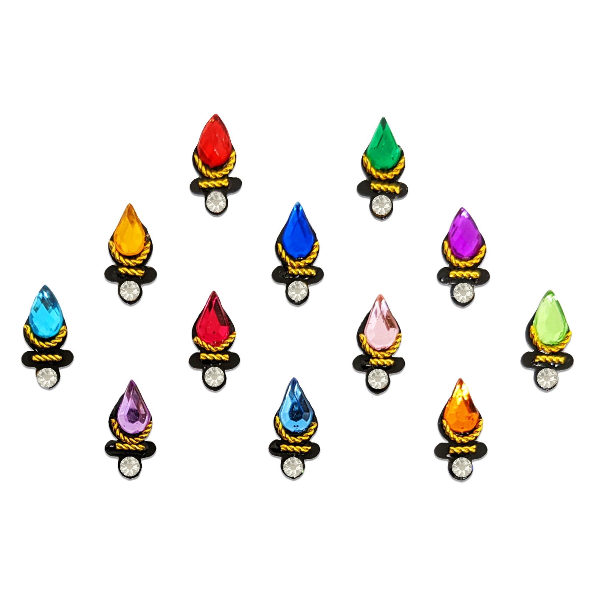 Comet Busters multicolor bindis featuring glossy teardrop stones with crystal accents and gold detailing in vibrant shades like red, blue, green, pink, orange, and purple for festive and traditional wear.