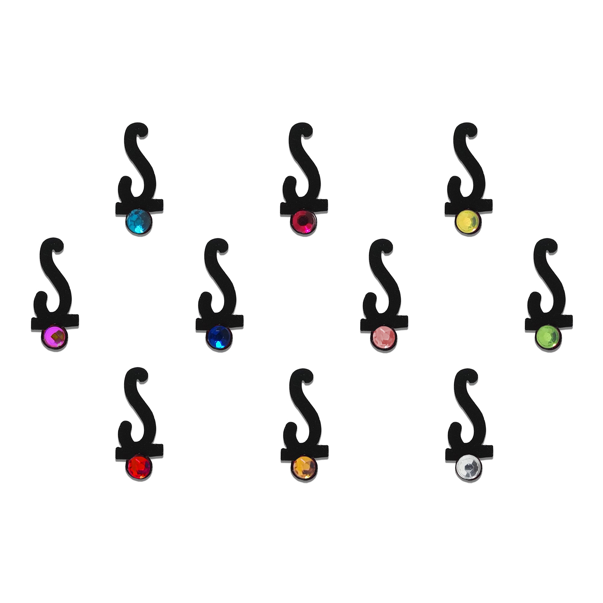 Comet Busters multicolor curved S designer velvet bindi collection featuring colorful crystal stones for women and girls.