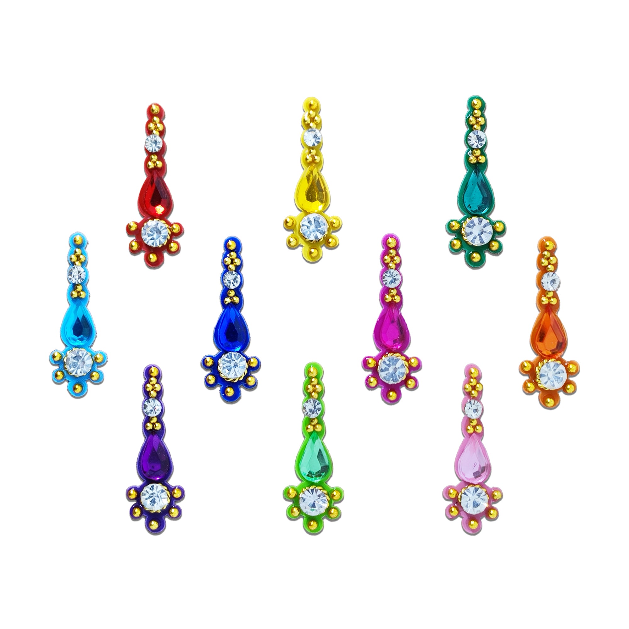 Comet Busters multicolor stone designer bindi sheet featuring reusable self-adhesive bindis with vibrant red, yellow, green, blue, purple, pink, orange, and turquoise teardrop stones, sparkling crystal accents, and gold bead detailing. Premium festive bindis for women and girls, perfect for weddings, Navratri, Diwali, pooja, parties, and traditional ethnic wear.