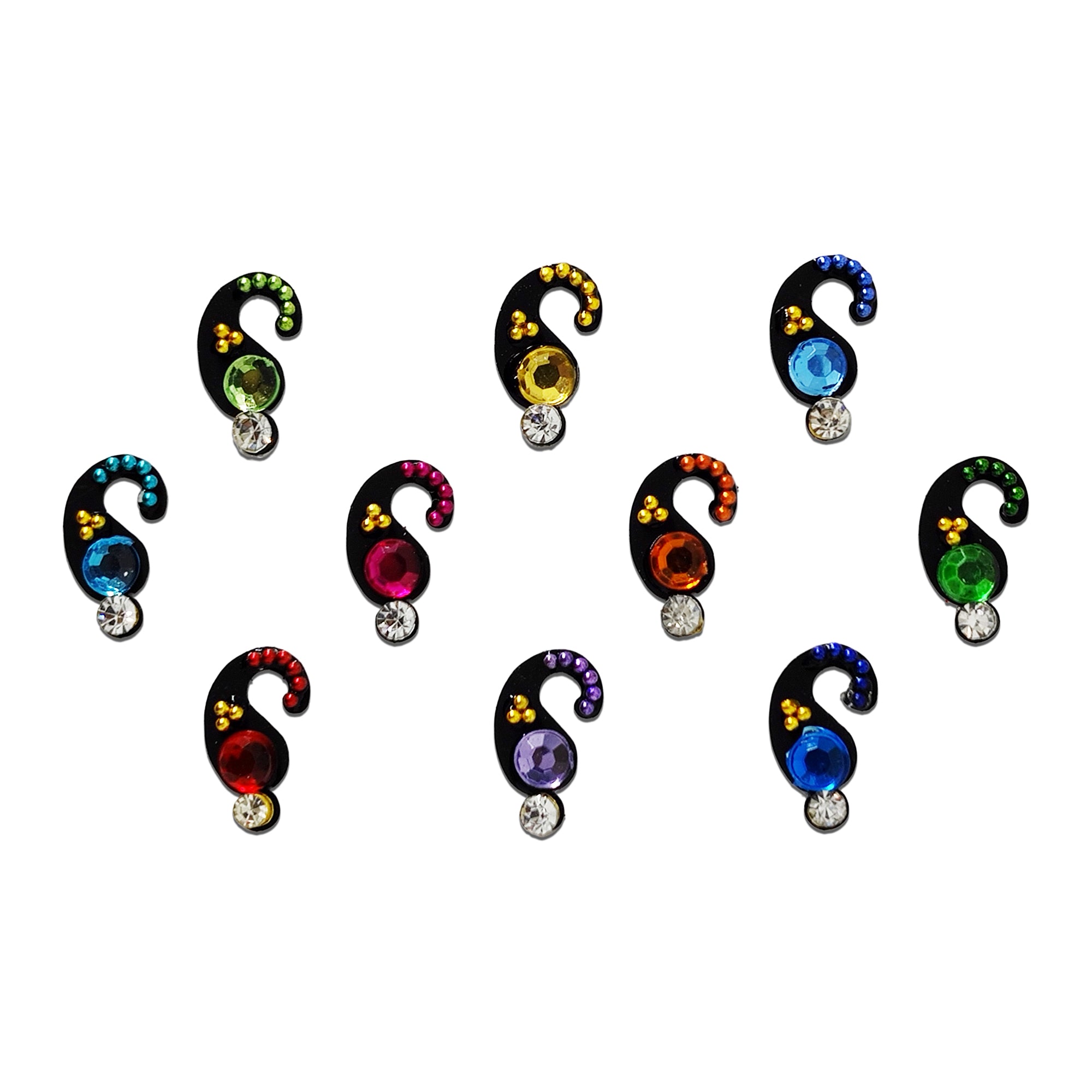 Comet Busters Multicolor Paisley Stone Designer Bindis for Women and Girls, Black Paisley Bindis with Blue Green Red Purple Pink Orange and Yellow Crystal Stones, Traditional Fancy Forehead Stickers