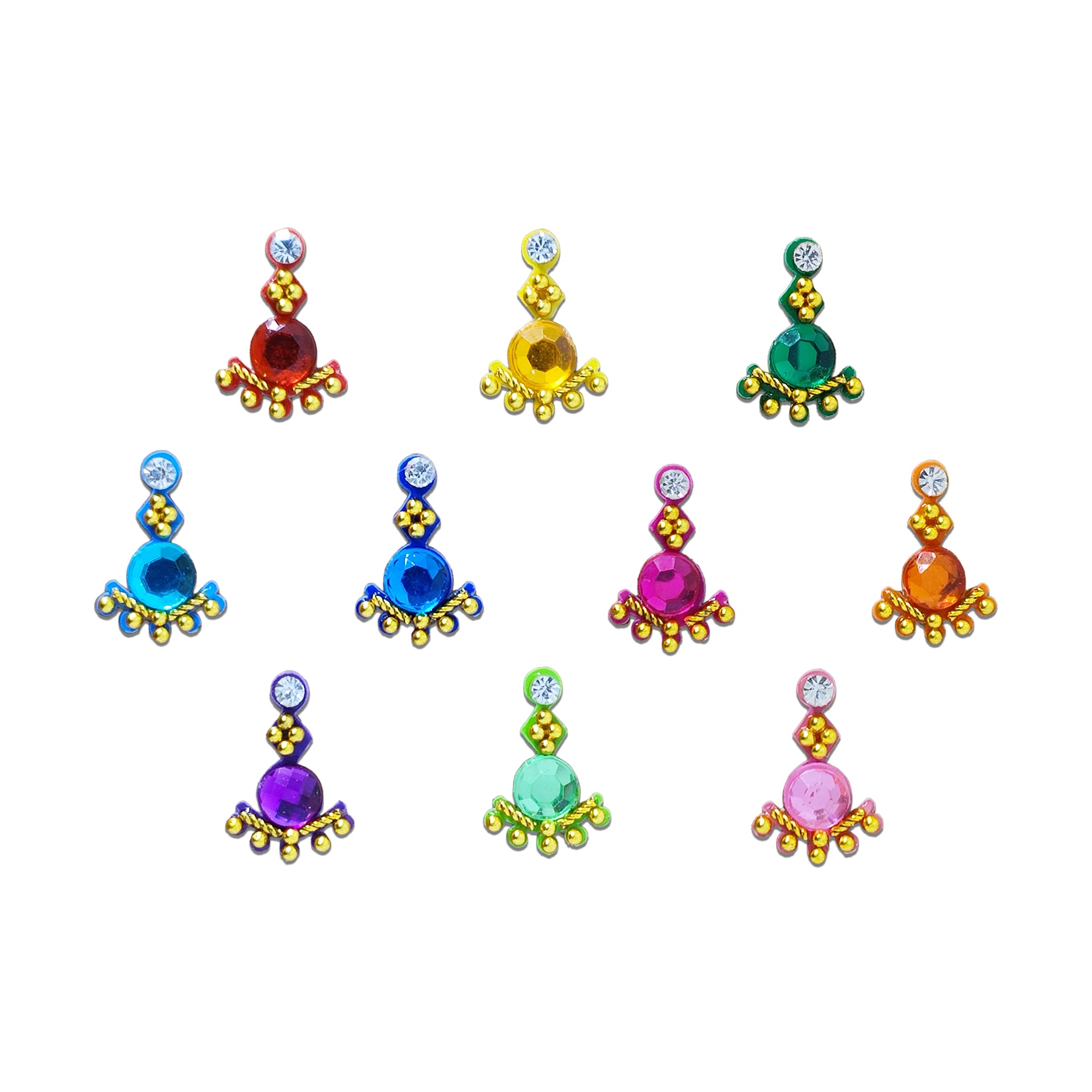 Comet Busters multicolor designer chandbali bindi set featuring 9 reusable self-adhesive bindis with vibrant crystal stones, gold detailing, and elegant traditional motifs. Ideal for weddings, festivals, Navratri, Diwali, parties, and ethnic wear for women and girls.
