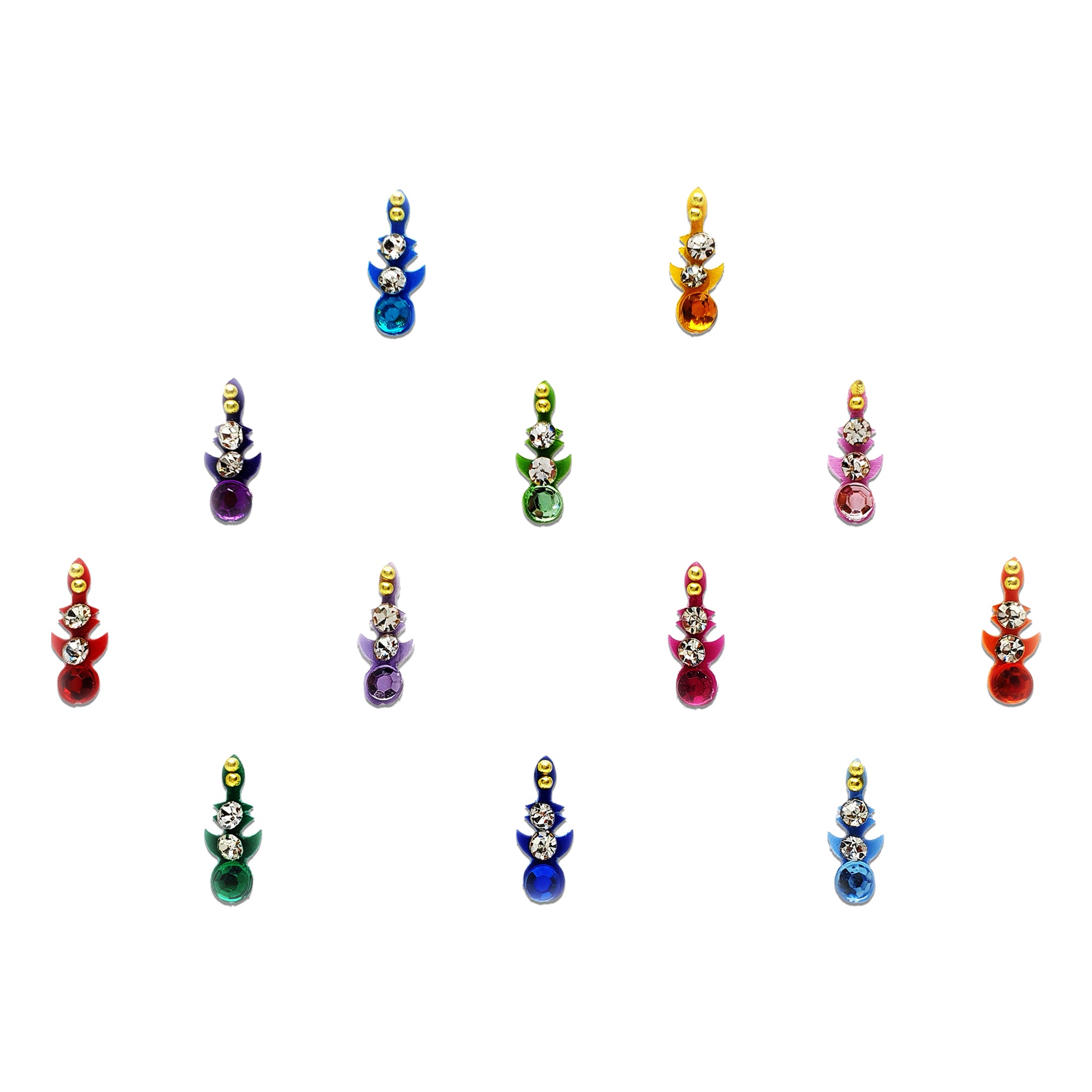 Comet Busters Elegant multicolor designer bindis featuring a round colored gemstone base, twin crystal stones, and decorative leaf-inspired accents, perfect for festive, bridal, and ethnic wear.