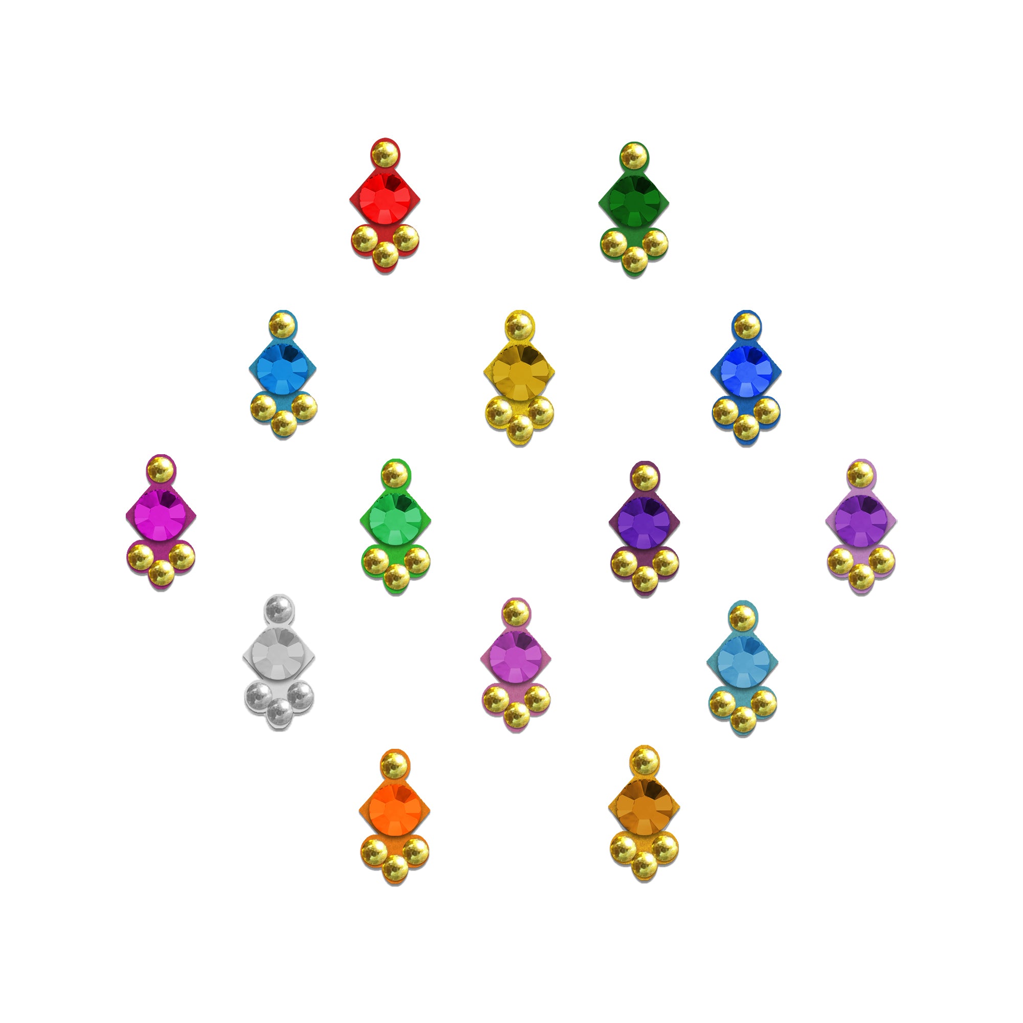 Comet Busters multicolor designer bindis featuring diamond-shaped crystal stones with gold bead detailing in vibrant shades like red, green, blue, purple, orange, and silver for festive and traditional wear.