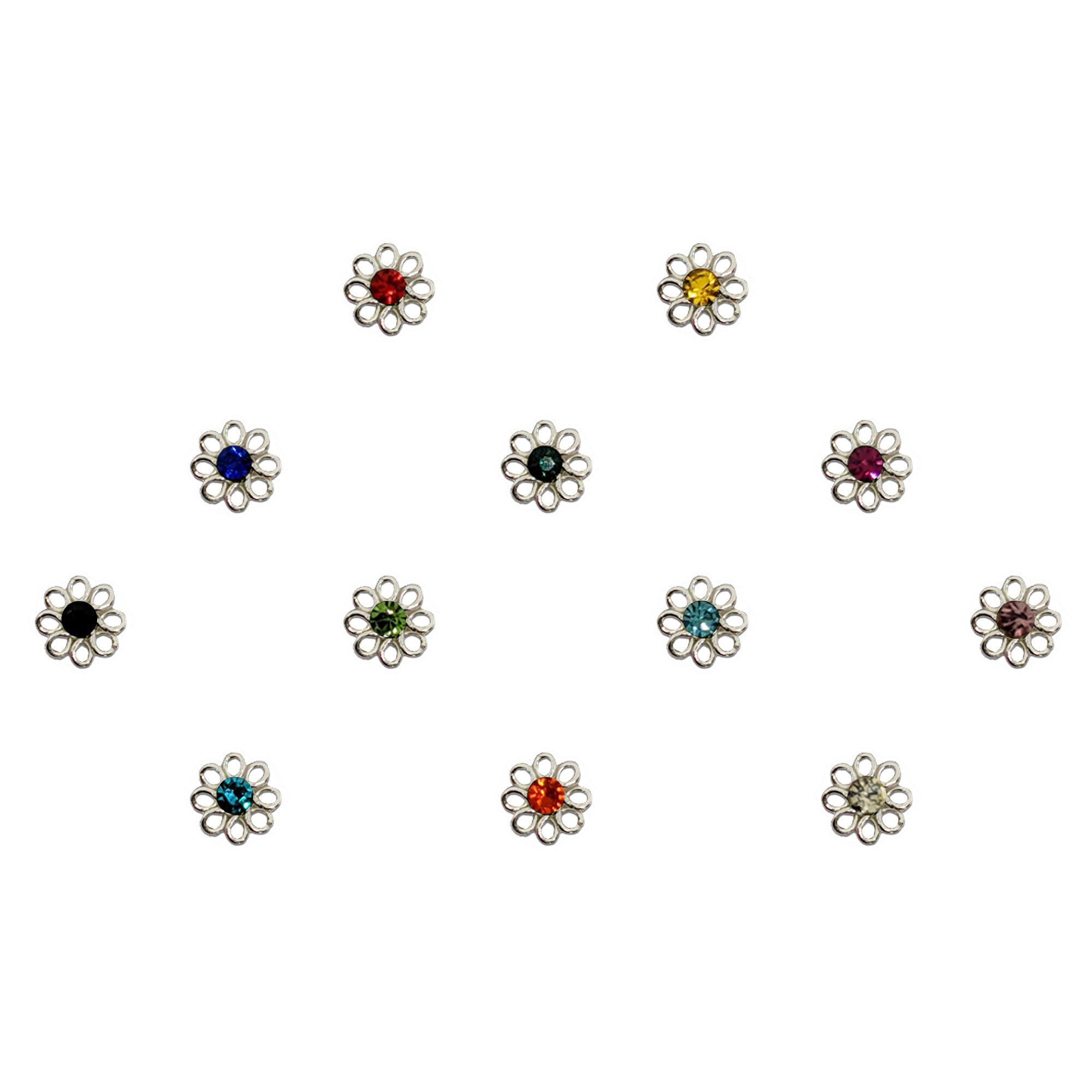 Comet Busters multicolor stone flower bindis featuring metallic floral petal frames with colorful crystal stones in red, blue, green, yellow, pink, black, orange, and white shades for festive and ethnic wear.