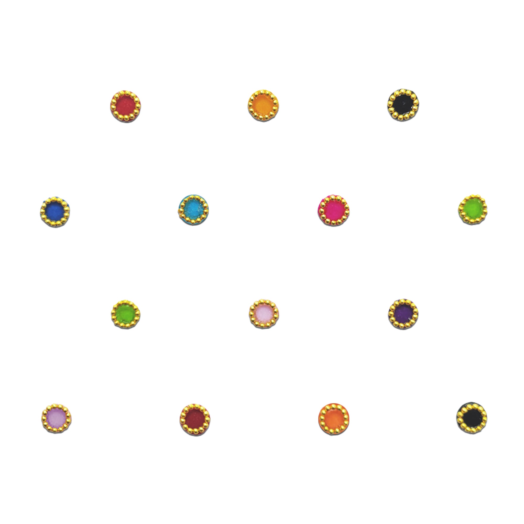 Comet Busters Multicolor Stone Round Bindi for Women and Girls, vibrant round bindis featuring colorful stones in red, blue, green, pink, orange, purple and black shades with elegant golden bead borders, reusable designer forehead accessories for festive, traditional, party and everyday ethnic wear.