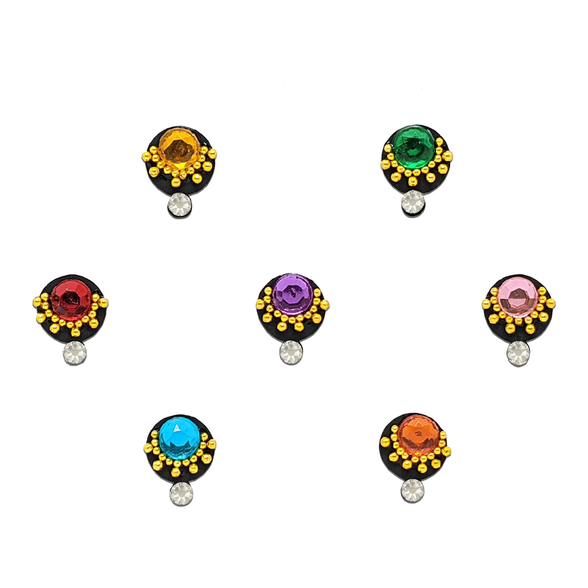 Comet Busters multicolor round designer bindis featuring red, green, purple, blue, orange, pink, and golden crystal stones with gold bead detailing and tiny white hanging stones on black base for traditional ethnic wear.