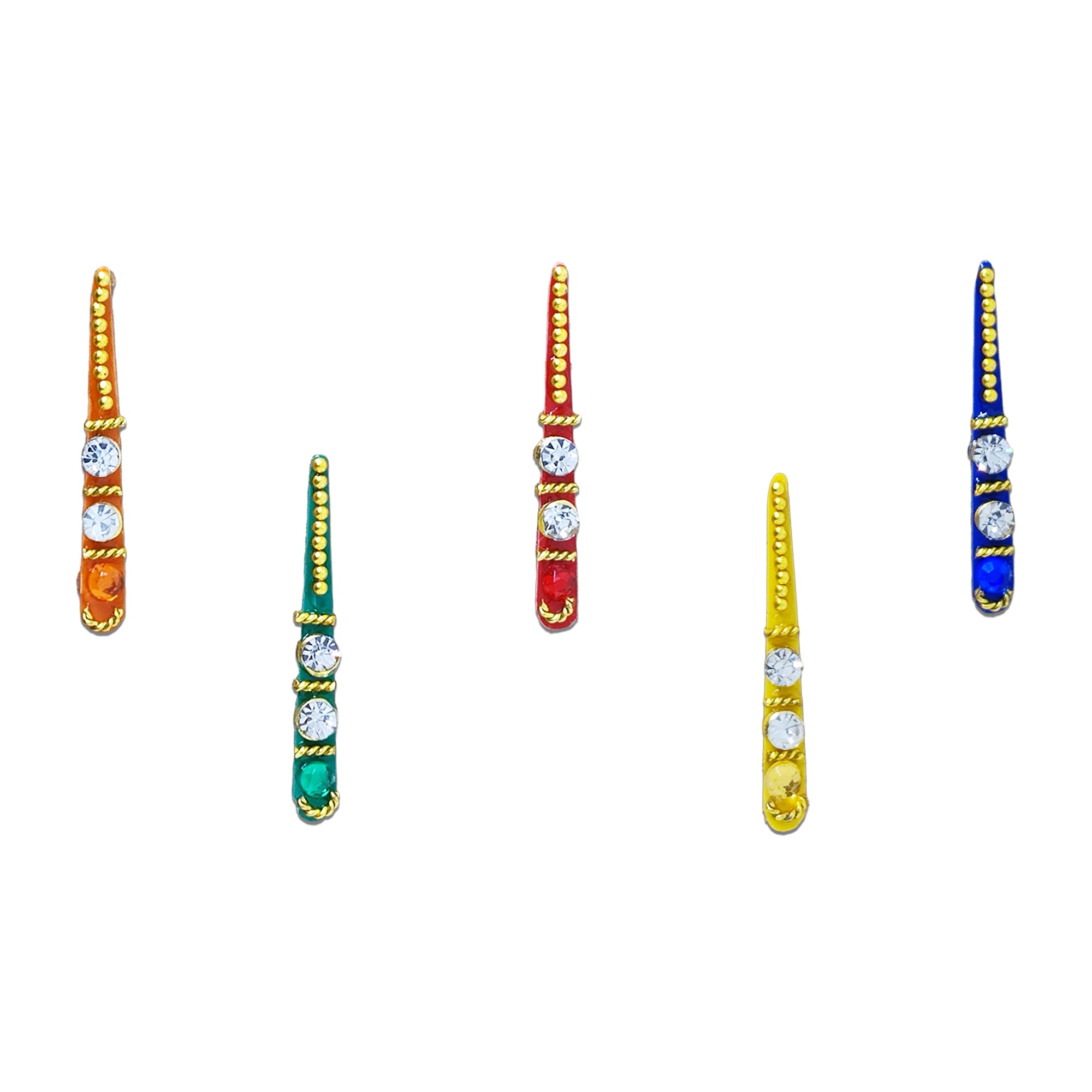 Comet Busters multicolor stone strip designer bindi sheet featuring 5 reusable self-adhesive bindis in orange, green, red, yellow, and blue. Each slim vertical bindi is embellished with sparkling crystal stones, gold bead detailing, and vibrant enamel accents, making it perfect for weddings, festivals, Navratri, Diwali, pooja, parties, and traditional ethnic wear.