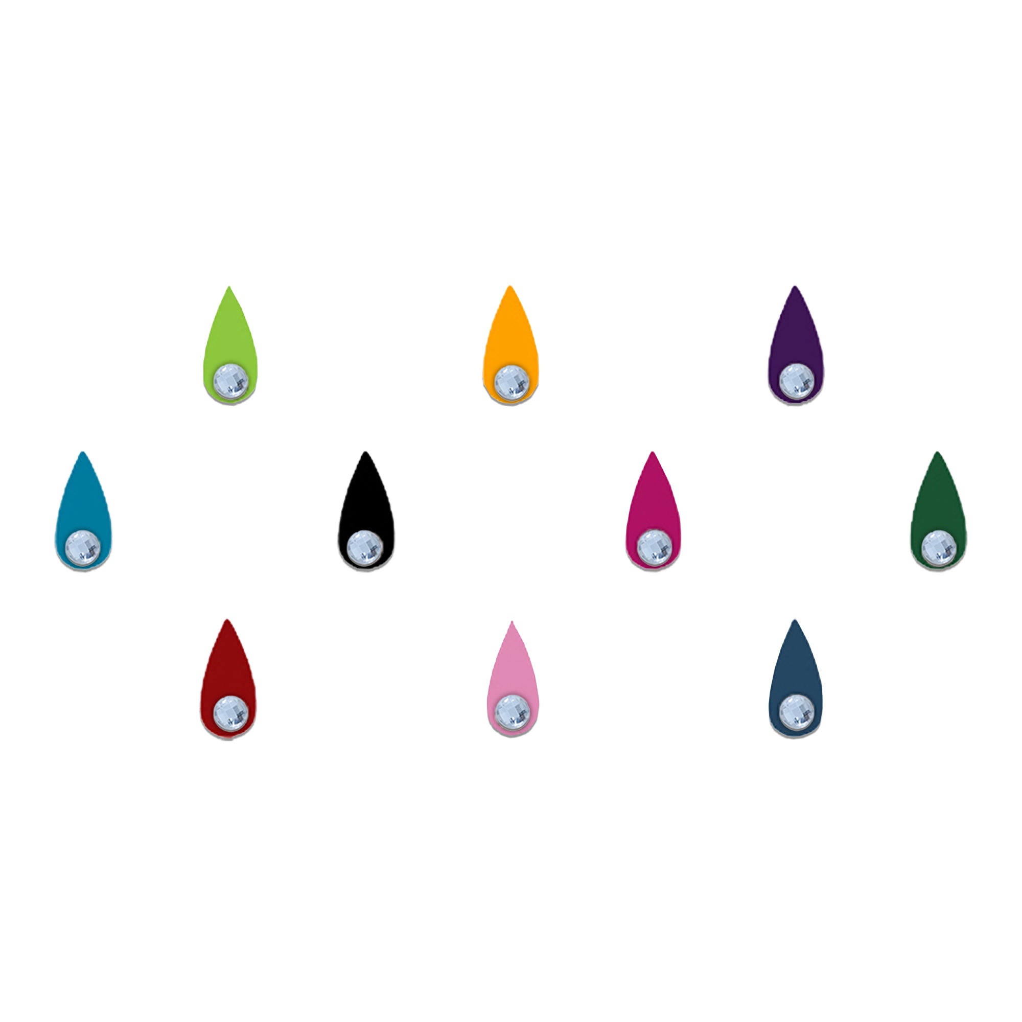 Comet Busters Multicolor Stone Teardrop Velvet Bindis featuring elegant drop-shaped velvet bindis adorned with sparkling crystal stones. Available in green, orange, purple, blue, black, pink, dark green, red, light pink, and navy shades. Reusable designer bindis for women and girls, ideal for festive wear, weddings, parties, cultural events, and traditional ethnic styling.