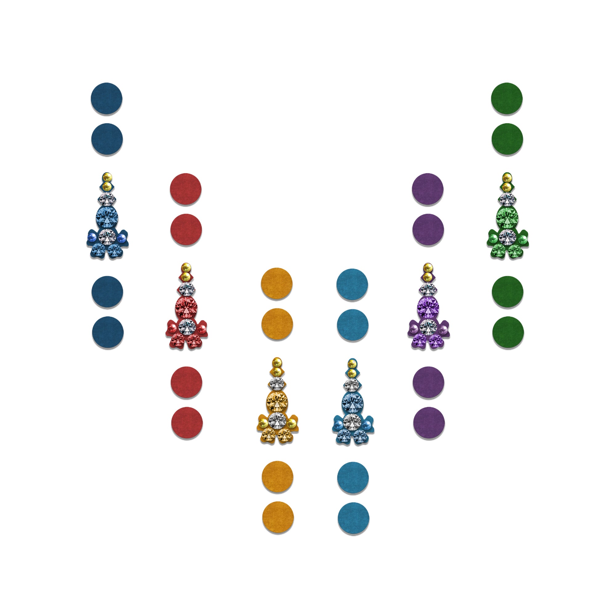 multicolor vertical designer bindis featuring round fabric dots with hanging crystal stone motifs in blue, red, yellow, purple, and green shades, accented with rhinestones and golden bead details for festive ethnic wear.