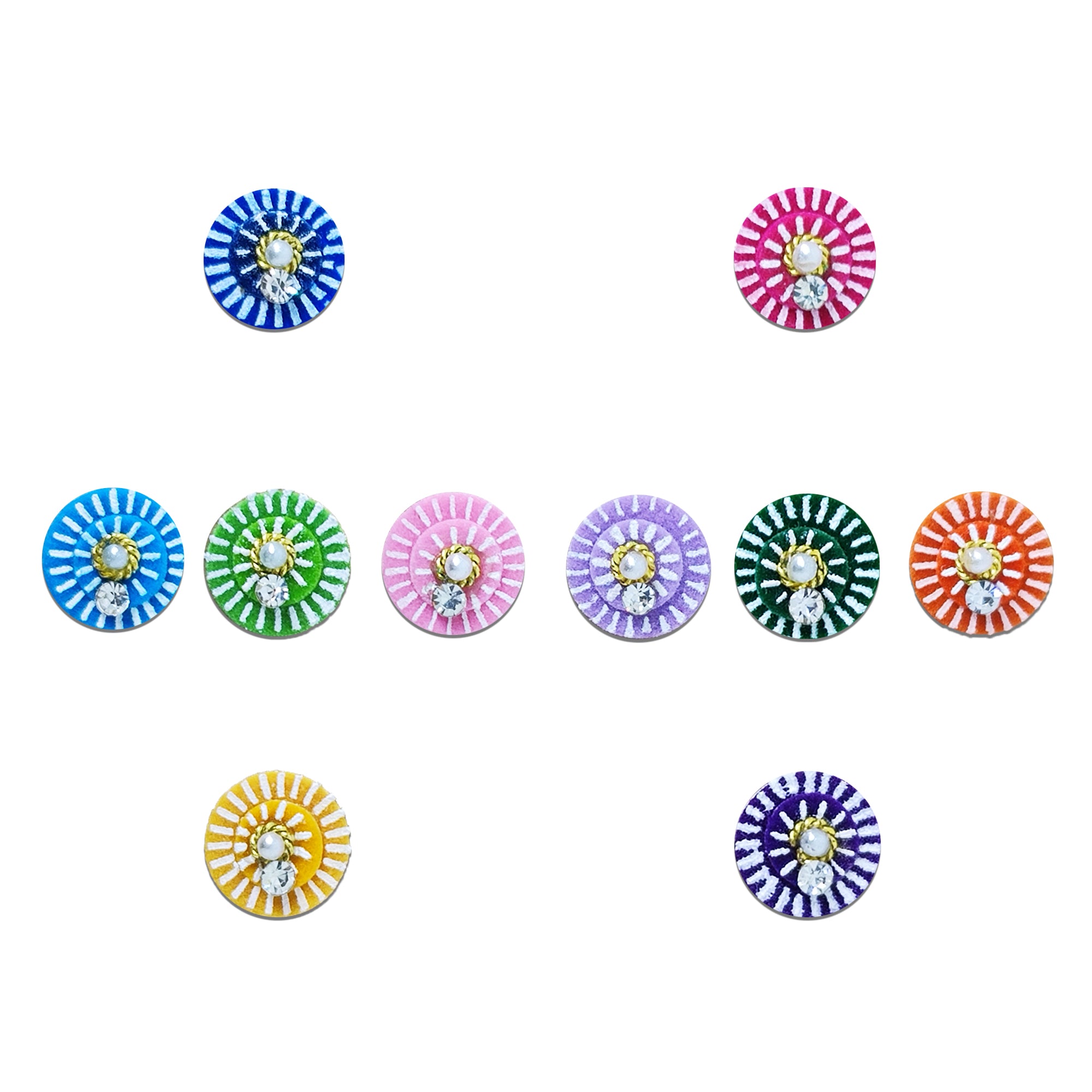 Comet Busters multicolor round designer bindi sheet featuring 10 reusable self-adhesive bindis with striped fabric detailing, pearl centers, sparkling crystal accents, and vibrant shades of blue, sky blue, green, pink, lavender, orange, yellow, dark green, purple, and magenta. Perfect for weddings, festivals, Navratri, Diwali, Karwa Chauth, parties, and traditional ethnic wear including sarees, lehengas, kurtis, and salwar suits.