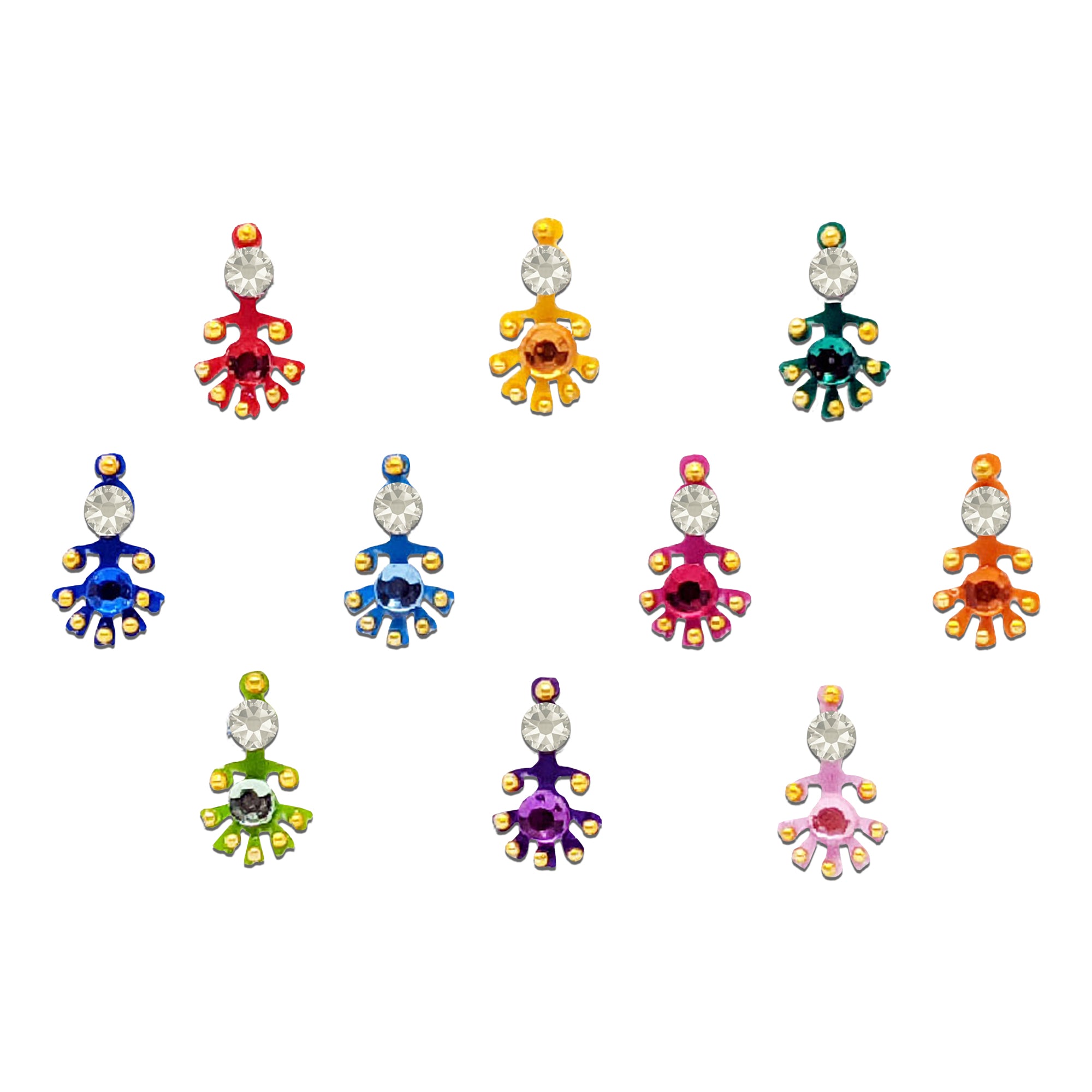 Comet Busters multicolor designer bindis featuring colorful patterns with crystal stones, gold bead accents, and artistic abstract design for festive and traditional ethnic wear.