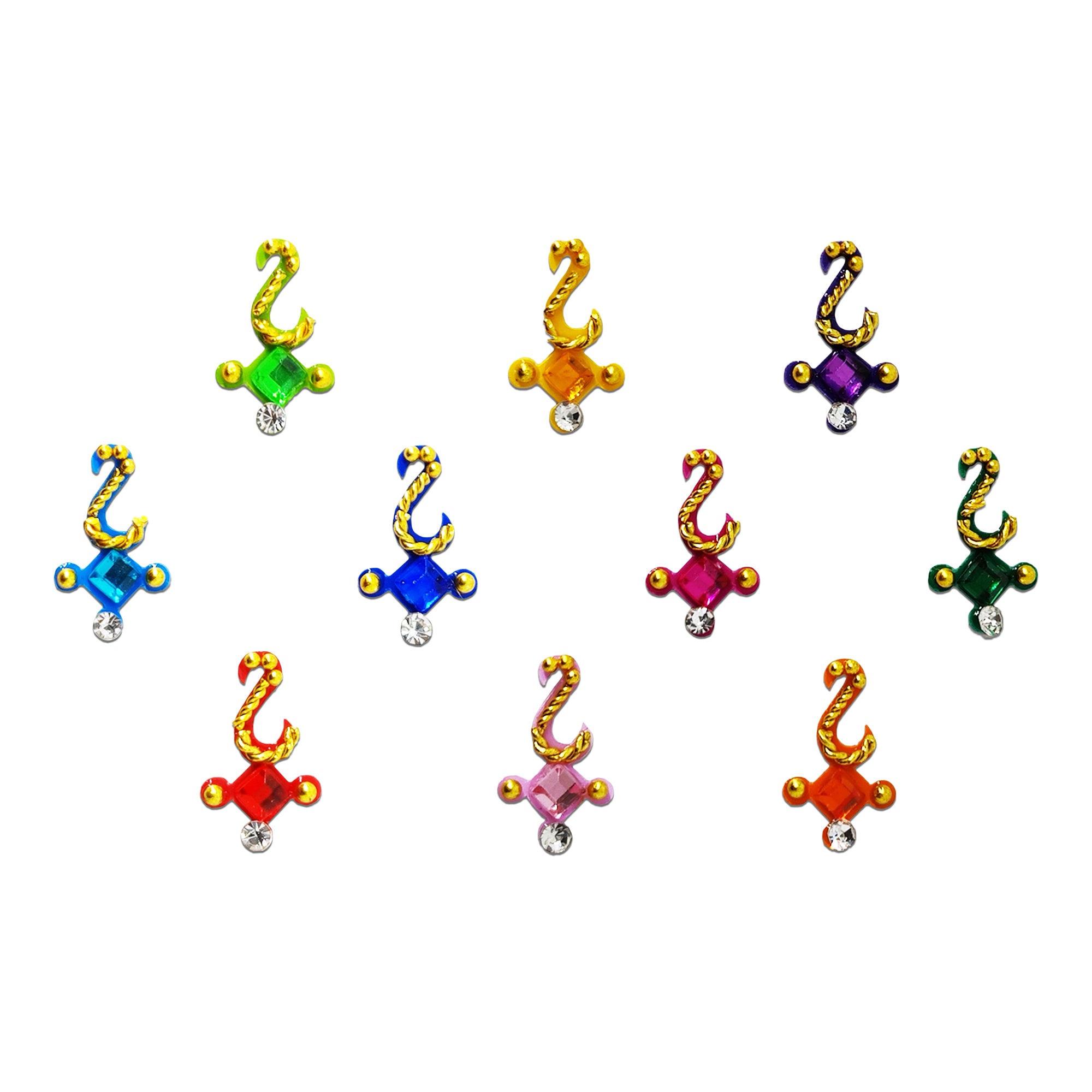 Comet Busters multicolor swan-inspired designer bindis featuring colorful square stones, gold-tone detailing, and crystal accents for festive and ethnic wear.
