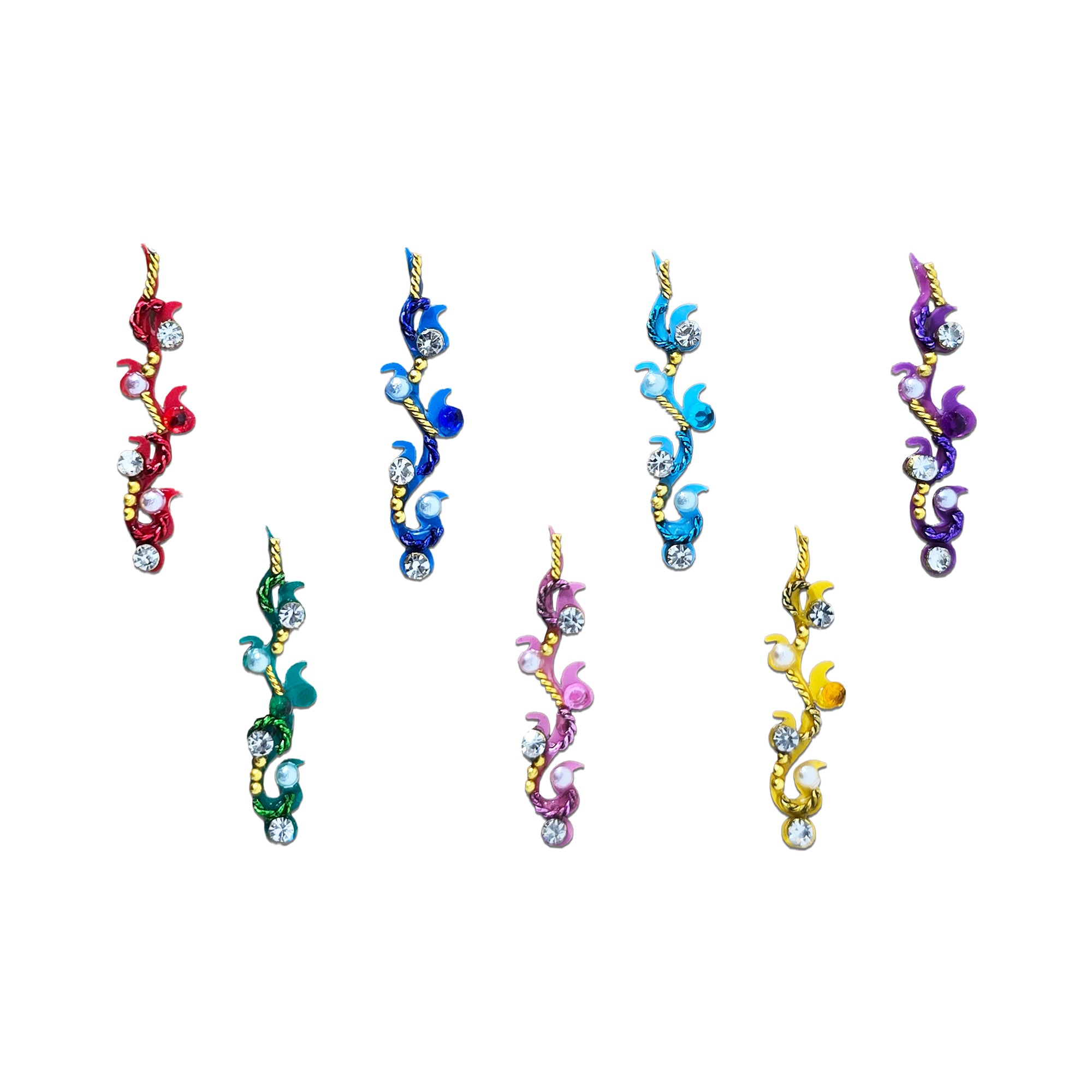 Comet Busters Multicolor Crystal Vine Designer Bindi set featuring elegant vine-shaped bindis in red, royal blue, sky blue, green, pink, yellow, and purple with gold detailing, pearl accents, and sparkling crystal stones. Premium self-adhesive reusable bindis for women and girls, ideal for weddings, festivals, parties, classical dance performances, and traditional or fusion ethnic wear.