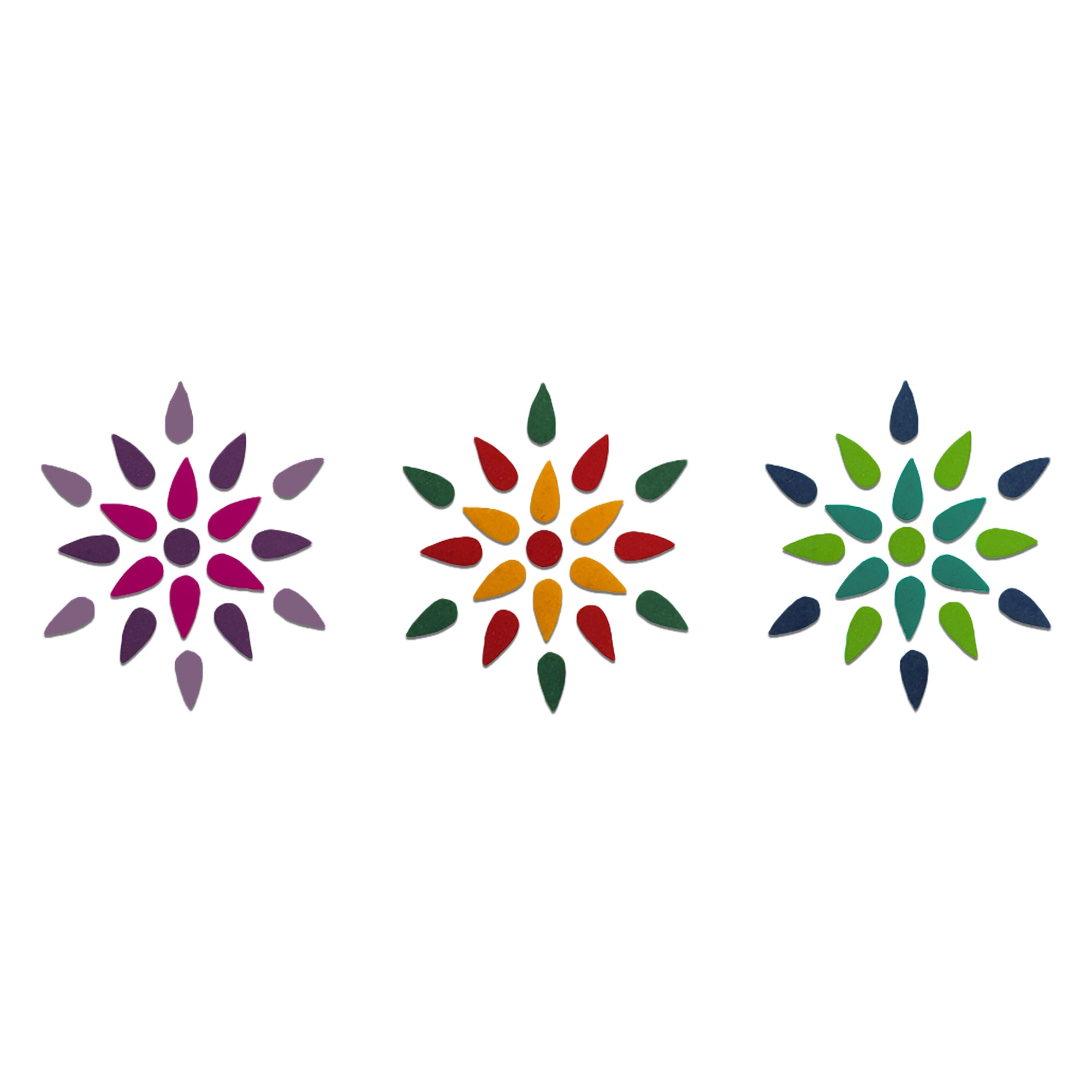 Comet Busters multicolor teardrop and velvet bindis arranged in a symmetrical designer pattern featuring pink, purple, and yellow bindis for traditional and festive ethnic wear.