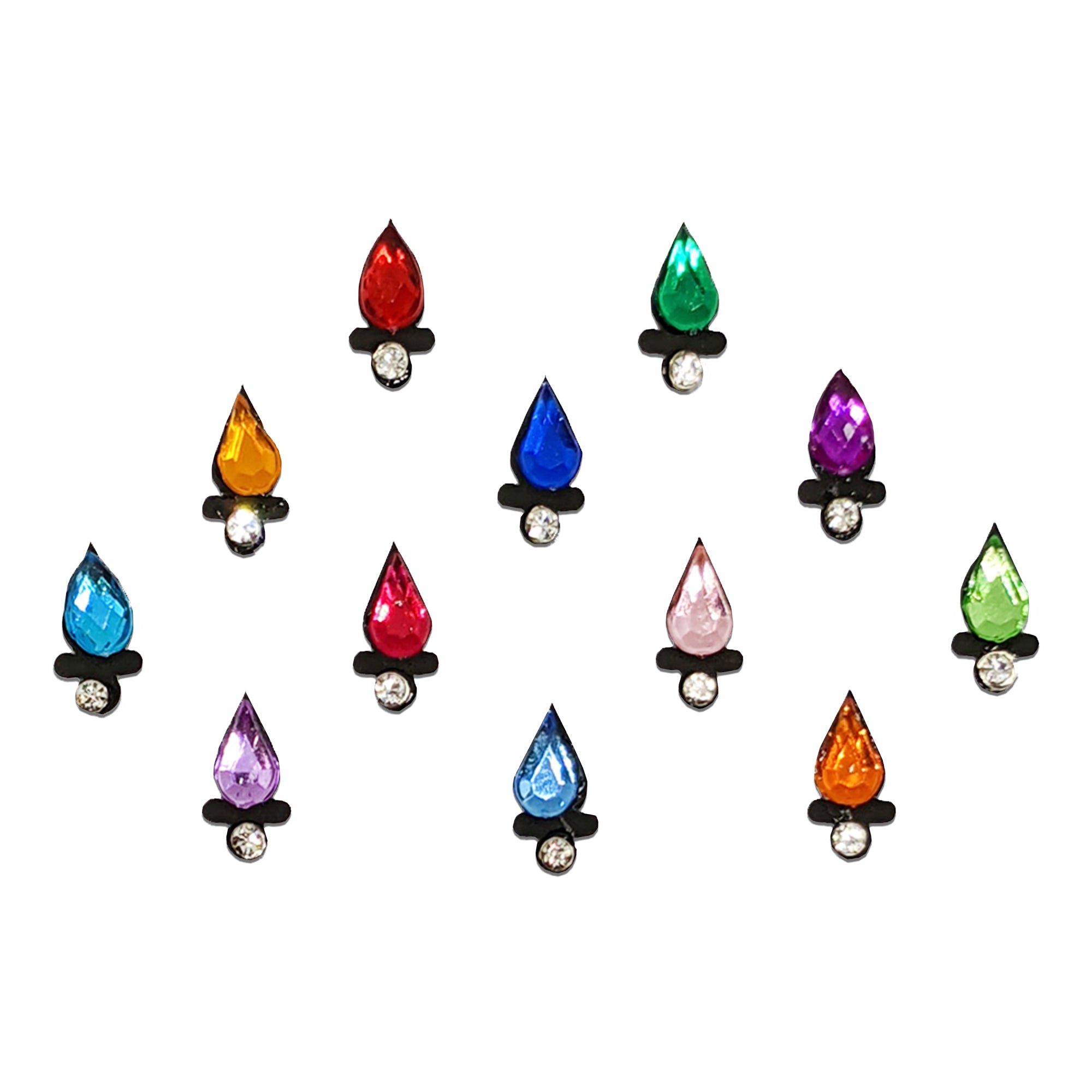 Comet Busters bindi set featuring multicolor teardrop-shaped crystal stones in vibrant shades of red, green, blue, pink, purple, orange, and aqua. Each decorative bindi is accented with a sparkling clear rhinestone below the crystal, creating an elegant drop-shaped design ideal for weddings, festivals, parties, cultural celebrations, and traditional ethnic wear