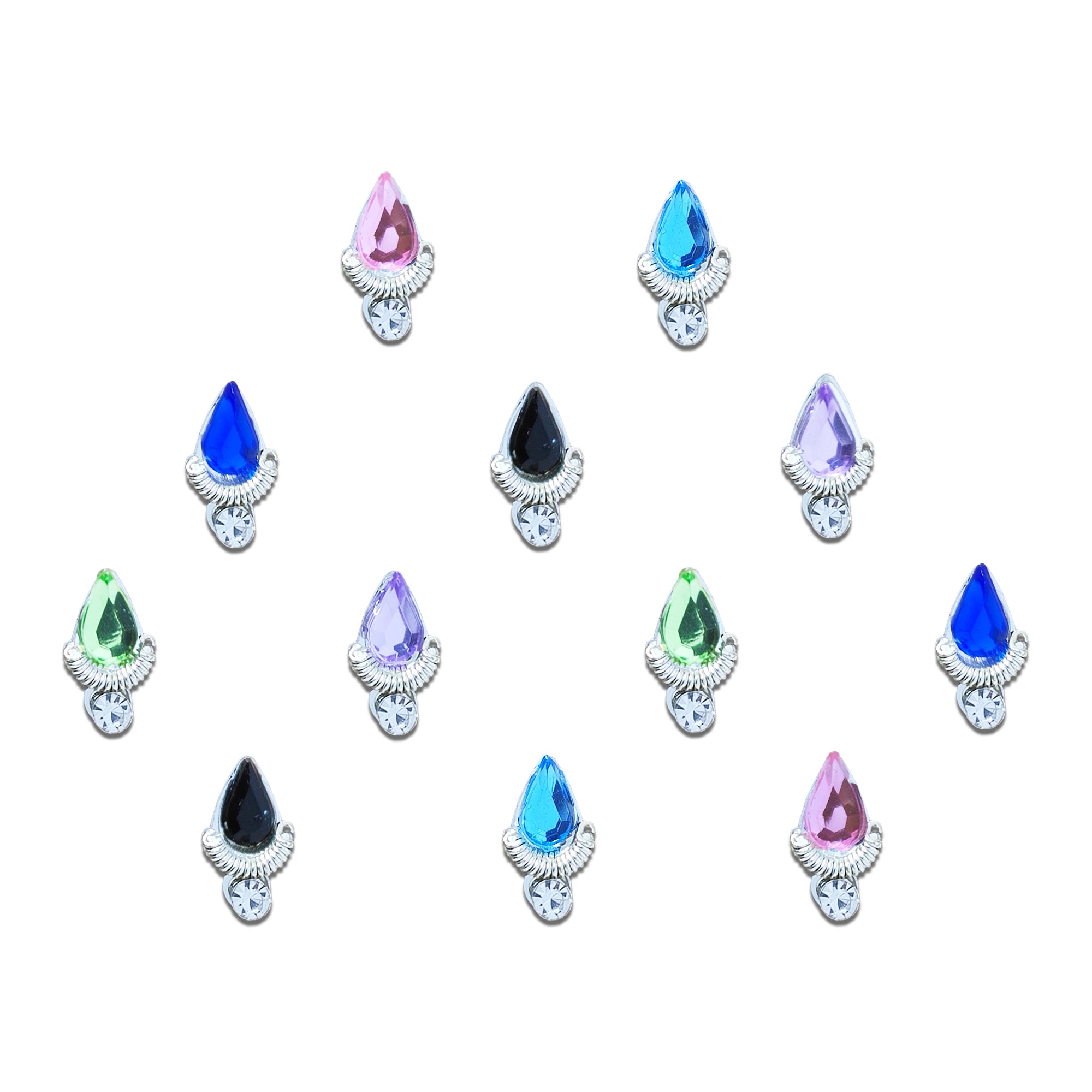 Comet Busters multicolor teardrop crystal bindi collection featuring faceted pink, blue, black, lavender, and green stones with an elegant silver fan-shaped base and sparkling round rhinestone accent. Premium self-adhesive designer bindis for women and girls, perfect for weddings, festivals, Navratri, Diwali, bridal wear, classical dance performances, parties, and traditional ethnic outfits.