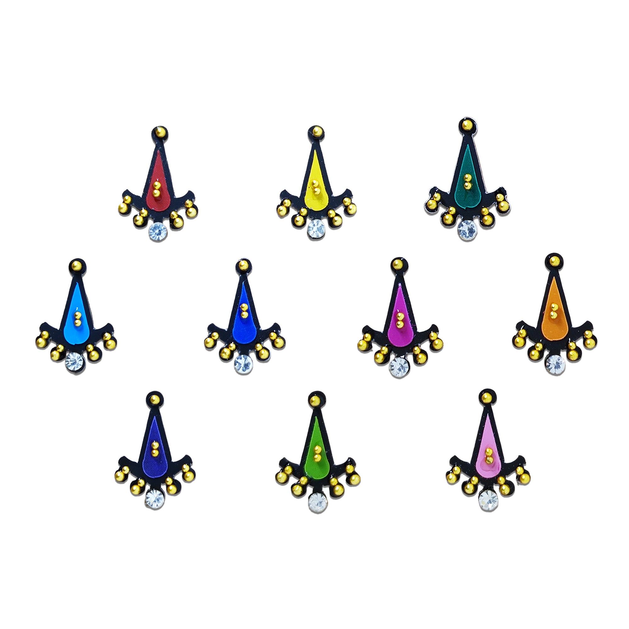 Comet Busters colorful teardrop-shaped bindis featuring decorative gold bead accents, central stud detailing and sparkling crystal drops in red, yellow, green, blue, pink, orange and purple shades, perfect for weddings, festivals, cultural events and party wear.