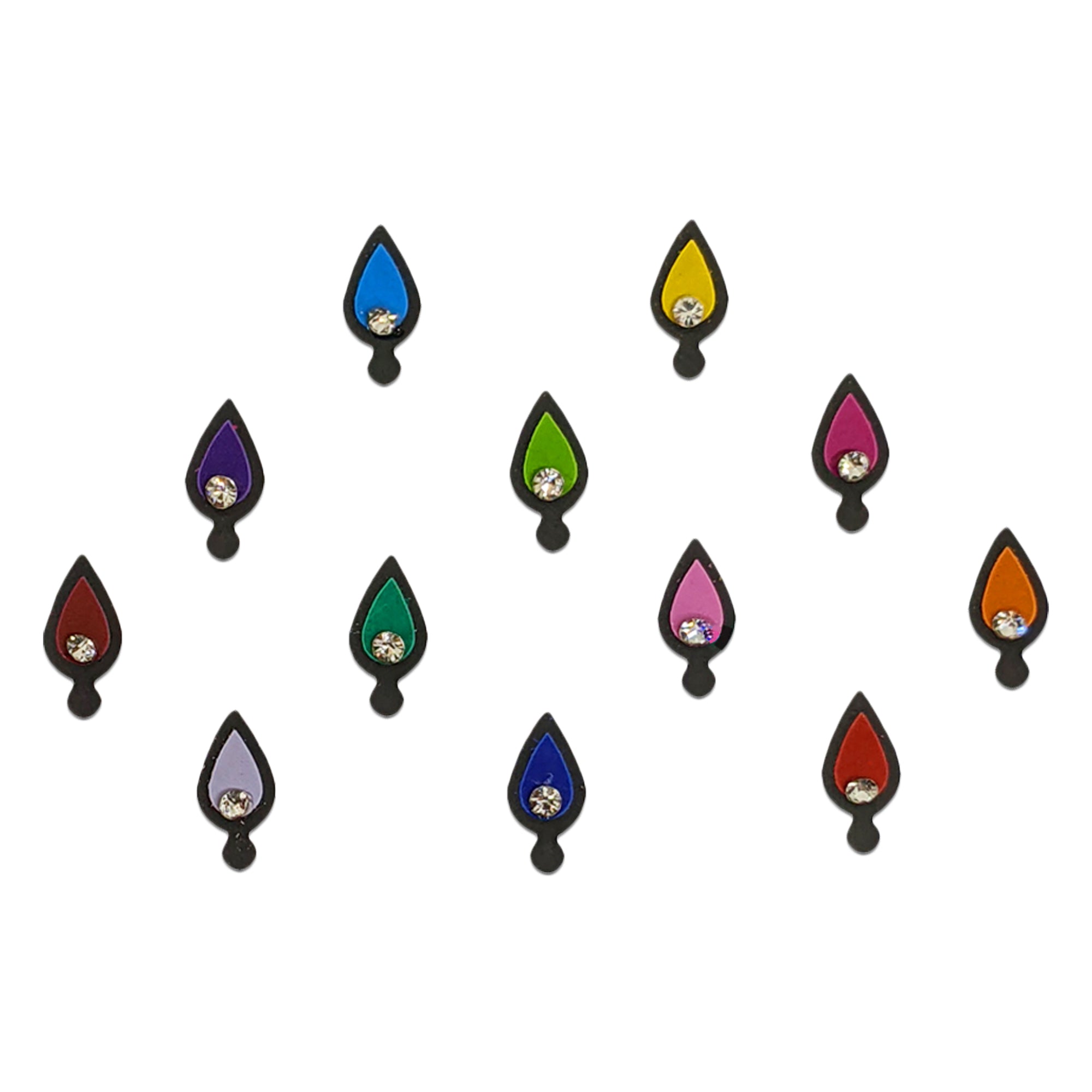 Comet Busters multicolor teardrop designer bindi with crystal stone accent and black outline for women.