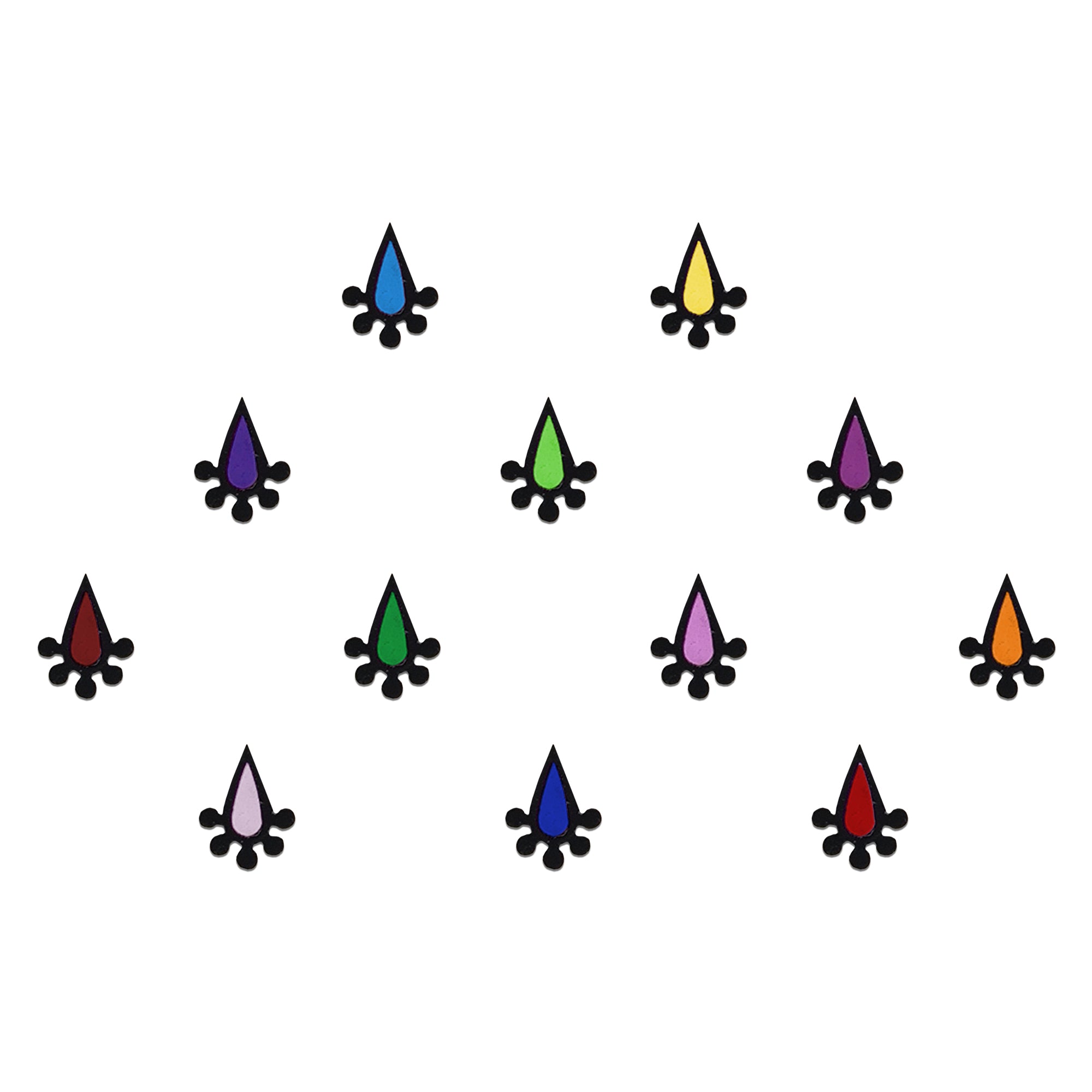 Comet Busters Multicolor Teardrop Designer Bindi featuring elegant teardrop-shaped bindis with decorative black ornamental base in vibrant shades of blue, yellow, green, purple, pink, orange, red