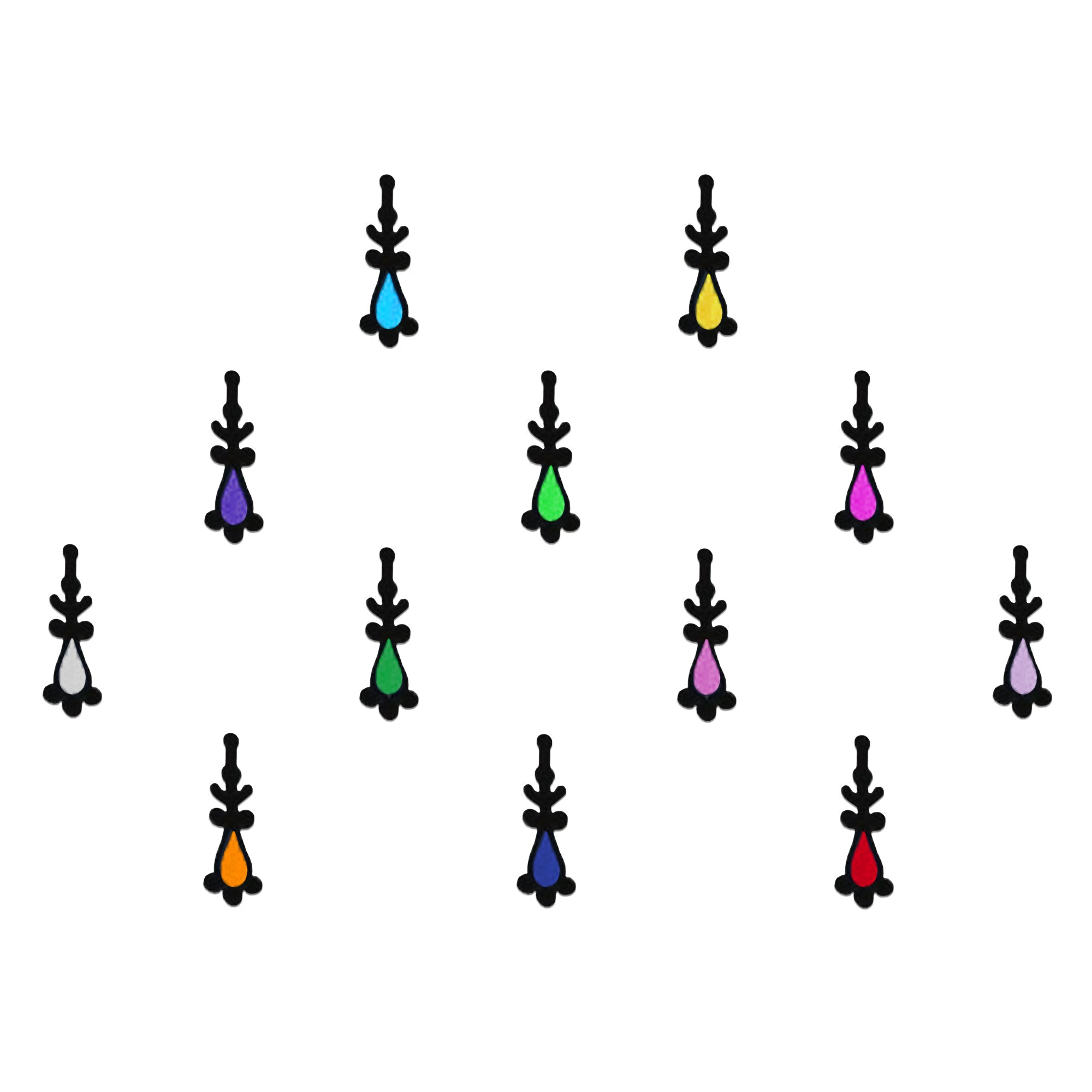 Comet Busters multicolor teardrop designer velvet bindi sheet featuring 12 elegant teardrop-shaped bindis with black ornamental detailing in blue, yellow, green, pink, white, orange, red, purple, and navy, perfect for festive occasions, weddings, cultural events, and traditional ethnic wear.