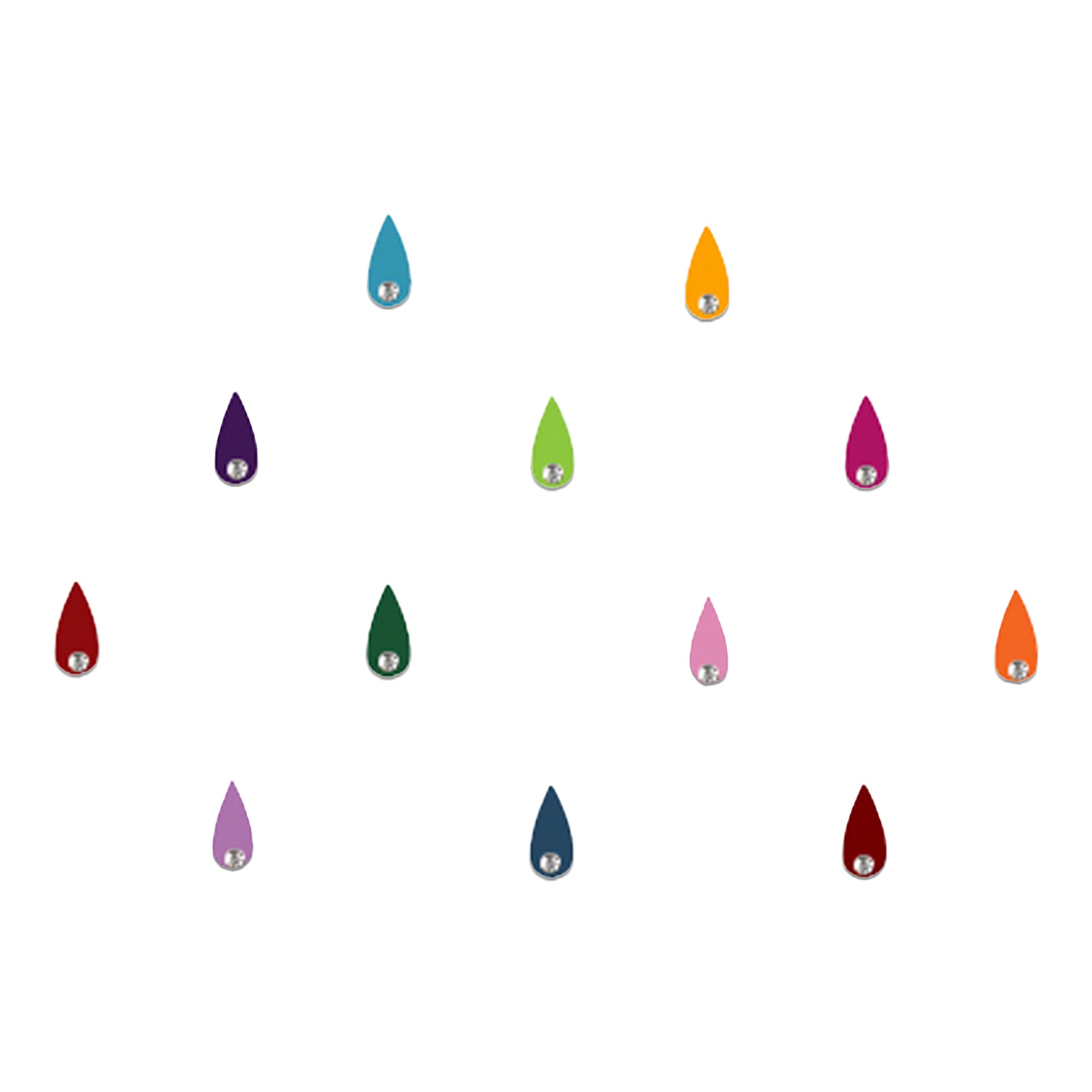 Comet Busters Multicolor Teardrop Stone Velvet Bindis featuring elegant oval-shaped velvet bindis adorned with a single sparkling crystal stone. Available in turquoise, black, purple, lime green, pink, yellow, dark green, light pink, orange, lavender, navy blue, and red shades. Reusable designer bindis for women and girls, perfect for festive occasions, weddings, parties, cultural events, and everyday ethnic styling.