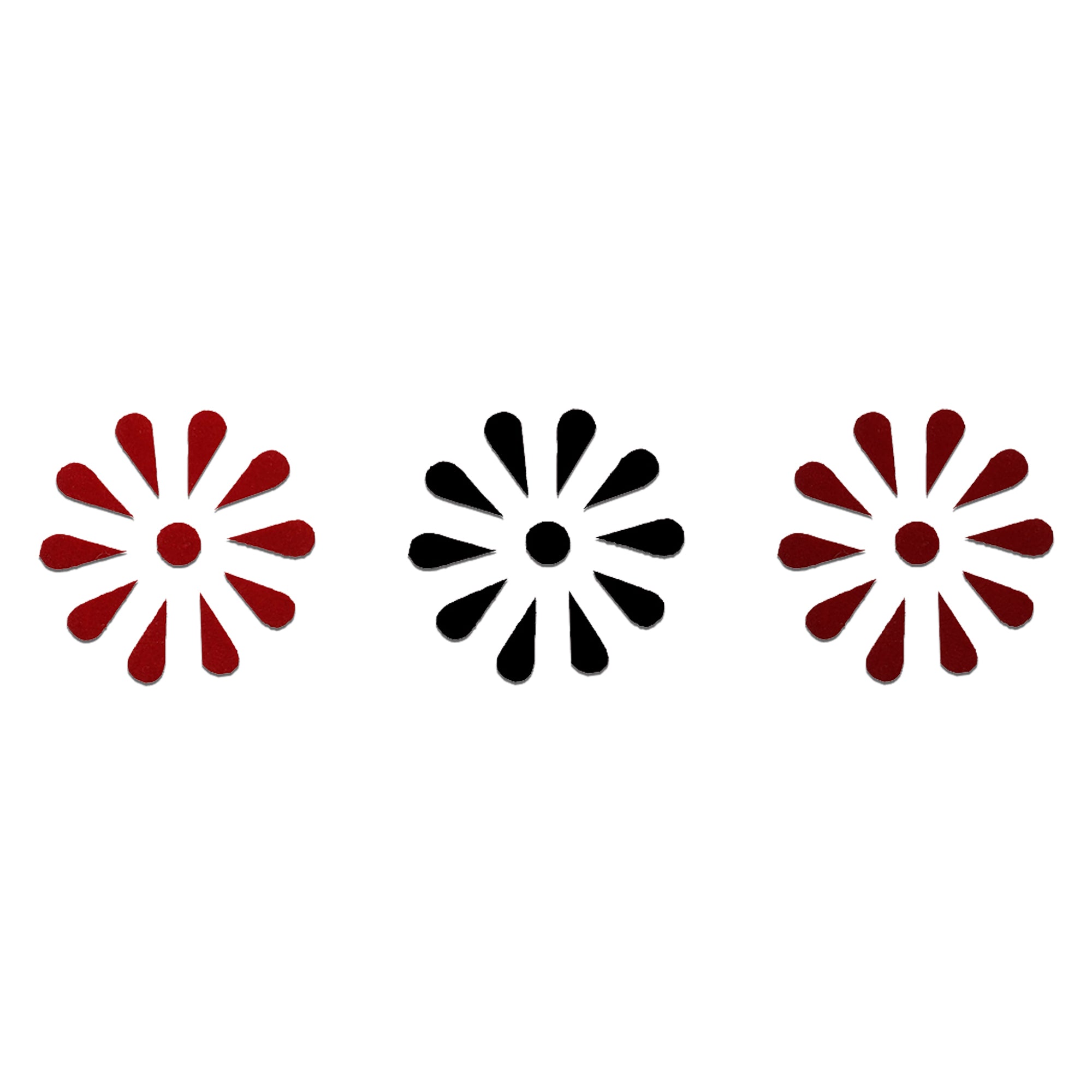 Comet Busters teardrop velvet bindis featuring petal-shaped flower patterns in red and black colors with classic round center design for traditional and everyday ethnic wear.