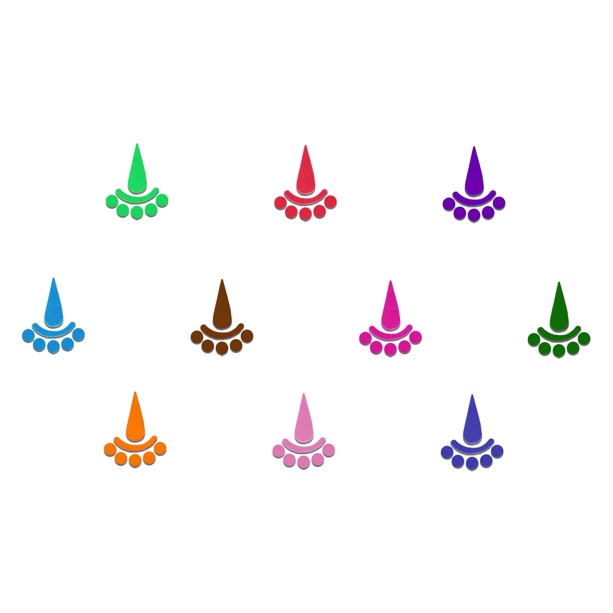 Comet Busters Multicolor Temple Drop Designer Bindi sheet featuring reusable teardrop-shaped bindis in green, red, purple, blue, brown, pink, orange, and lavender with a curved crescent and dotted border. Premium self-adhesive forehead stickers for women and girls, perfect for festivals, weddings, temple visits, cultural events, and traditional ethnic wear.