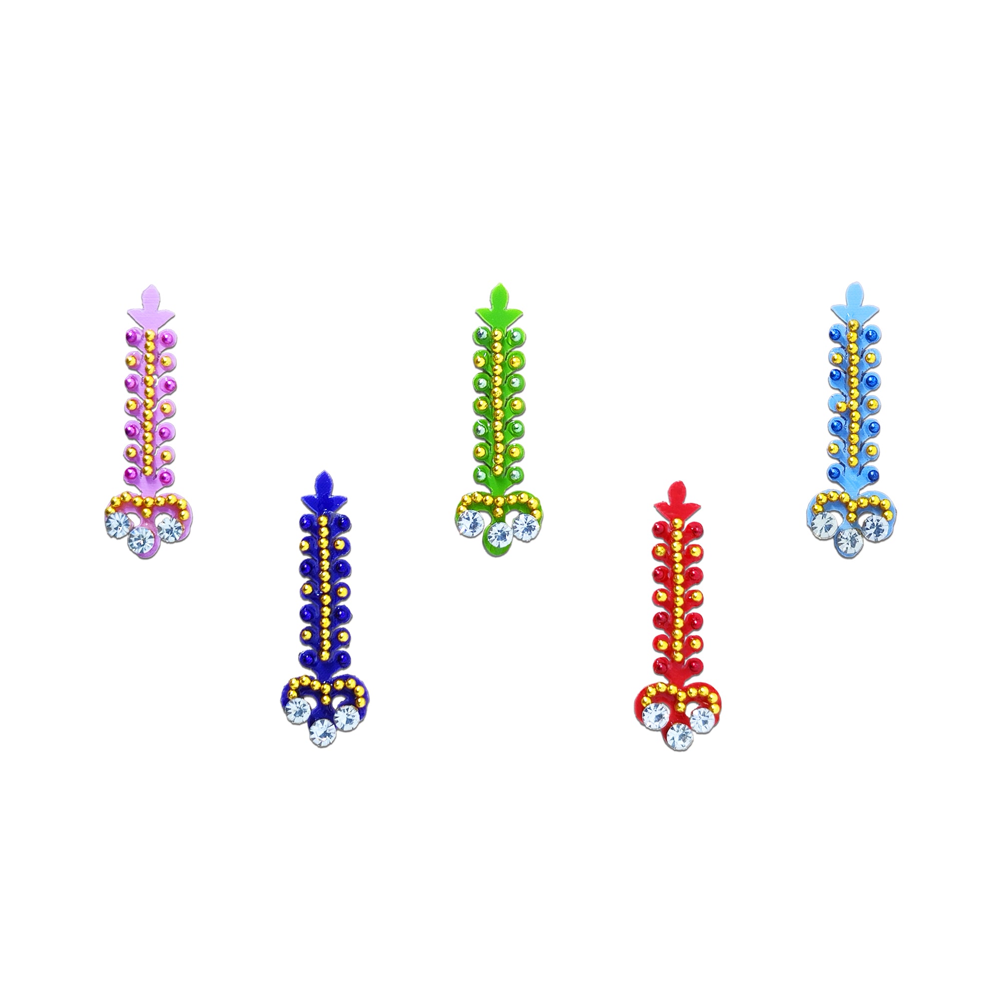 Comet Busters multicolor traditional designer bindi set featuring pink, blue, green, red, and sky blue bindis with gold bead detailing and triple crystal accents. Premium self-adhesive bindis for women and girls, perfect for weddings, festivals, Navratri, Diwali, cultural events, ethnic wear, and everyday traditional styling.