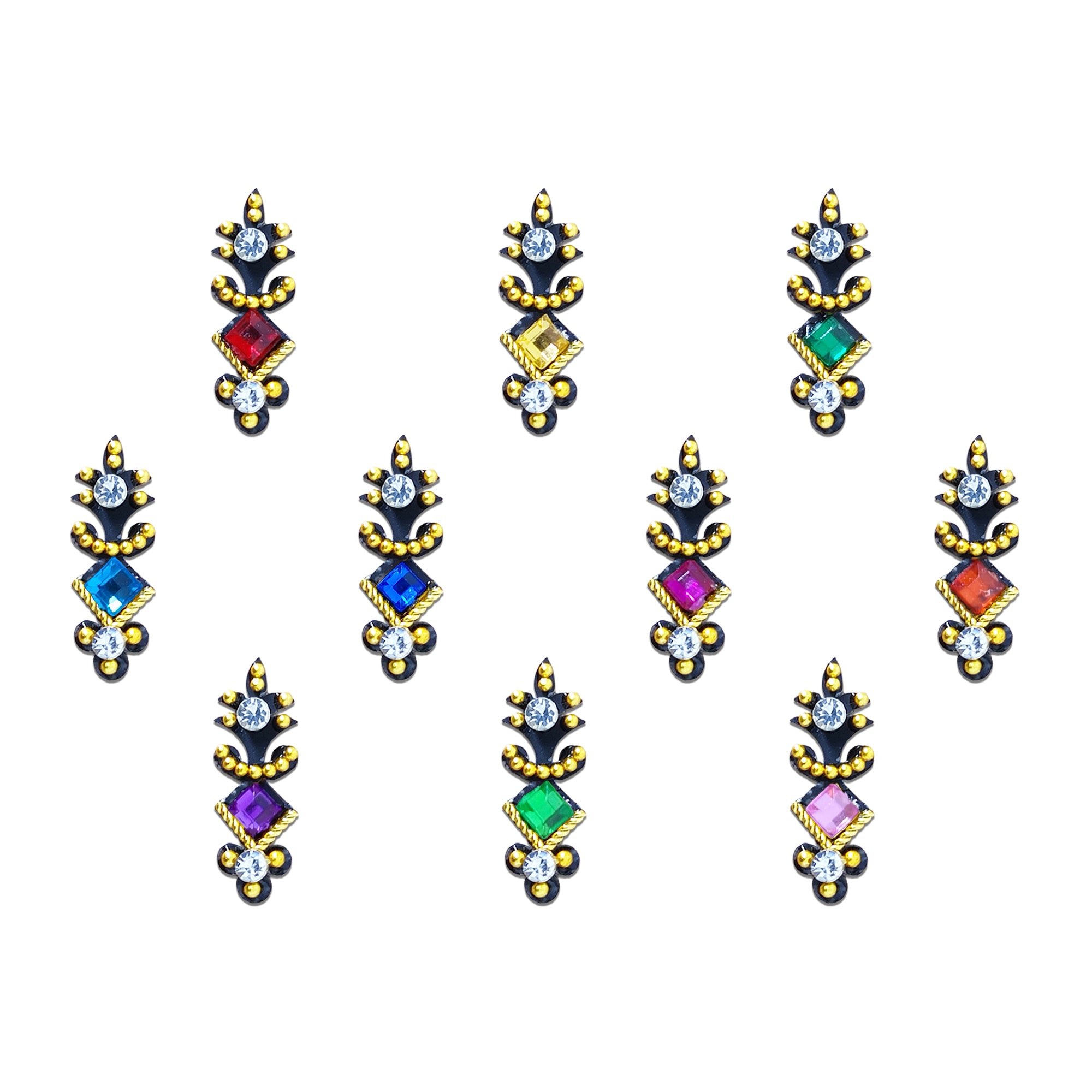 Comet Busters multicolor traditional designer bindi sheet featuring 10 elegant black bindis with colorful square crystal stones, sparkling white rhinestones, and gold bead detailing, reusable forehead bindis for women and girls, perfect for weddings, festivals, parties, and ethnic wear.