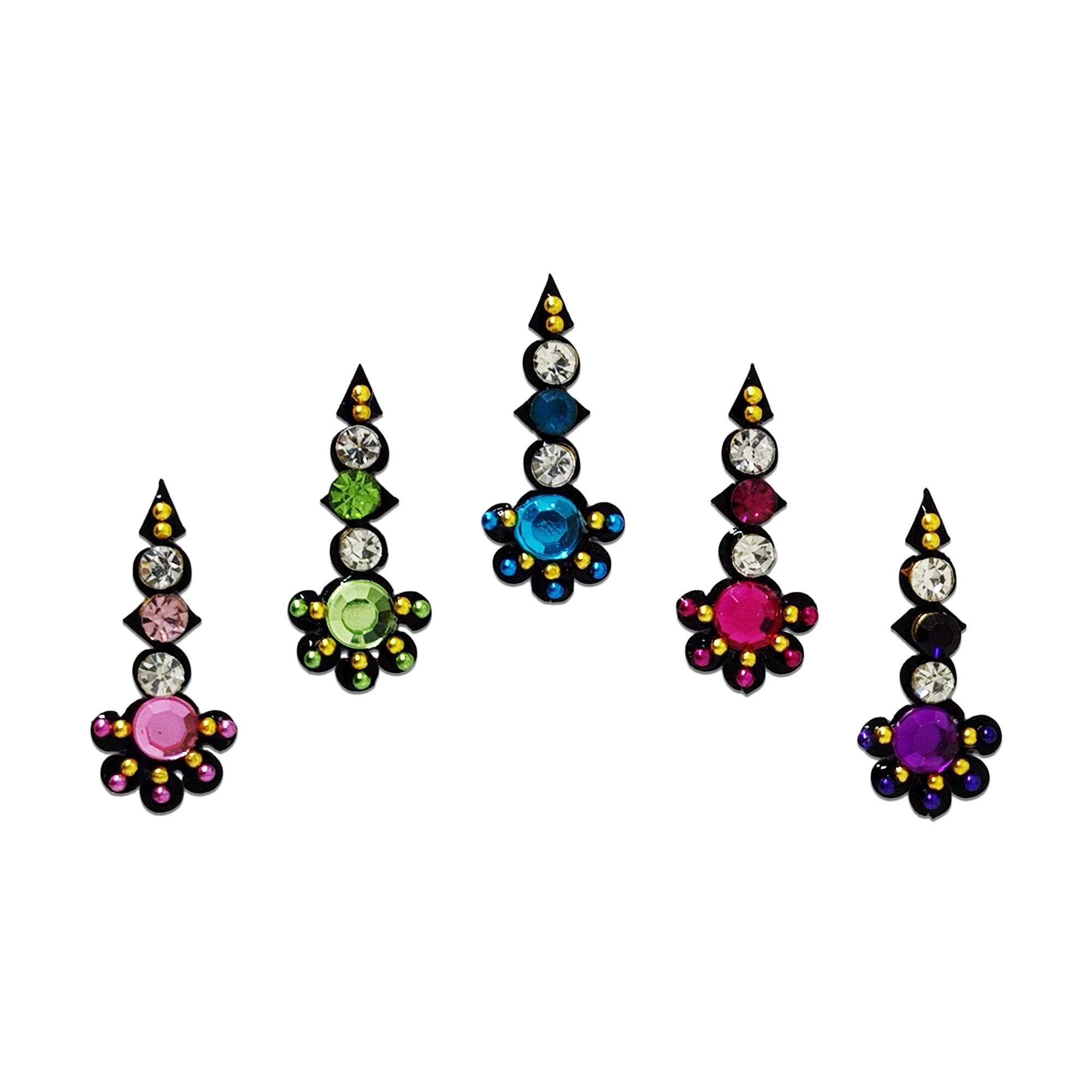 Comet Busters multicolor traditional designer bindi sheet featuring 10 elegant black bindis with colorful square crystal stones, sparkling white rhinestones, and gold bead detailing, reusable forehead bindis for women and girls, perfect for weddings, festivals, parties, and ethnic wear.