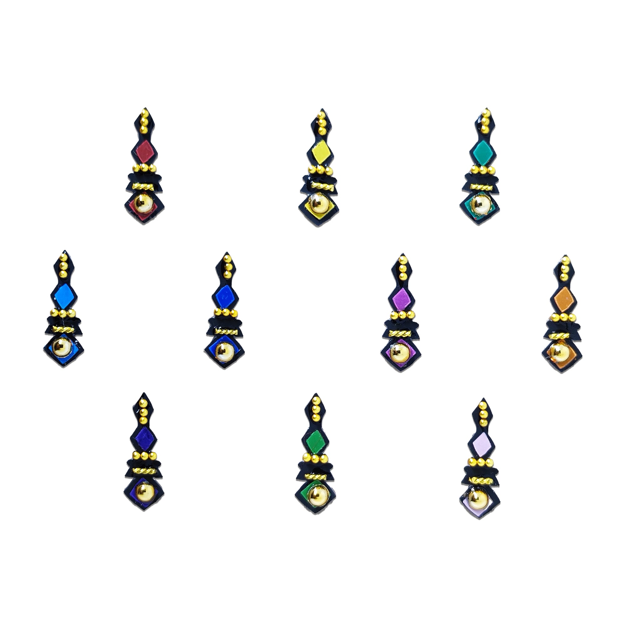 Comet Busters multicolor traditional long designer bindi sheet featuring 10 elegant black enamel bindis with colorful stones, gold bead accents, and pearl detailing, reusable festive forehead bindis for women and girls, perfect for ethnic, wedding, and festive wear.