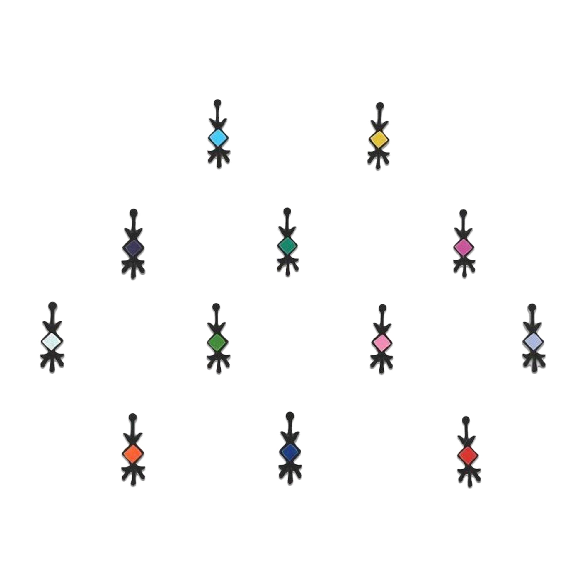 Comet Busters multicolor tribal diamond designer velvet bindi sheet featuring 12 slim vertical bindis with colorful diamond centers in blue, yellow, green, pink, white, orange, red, and purple, finished with black tribal detailing for festive, ethnic, and cultural wear.