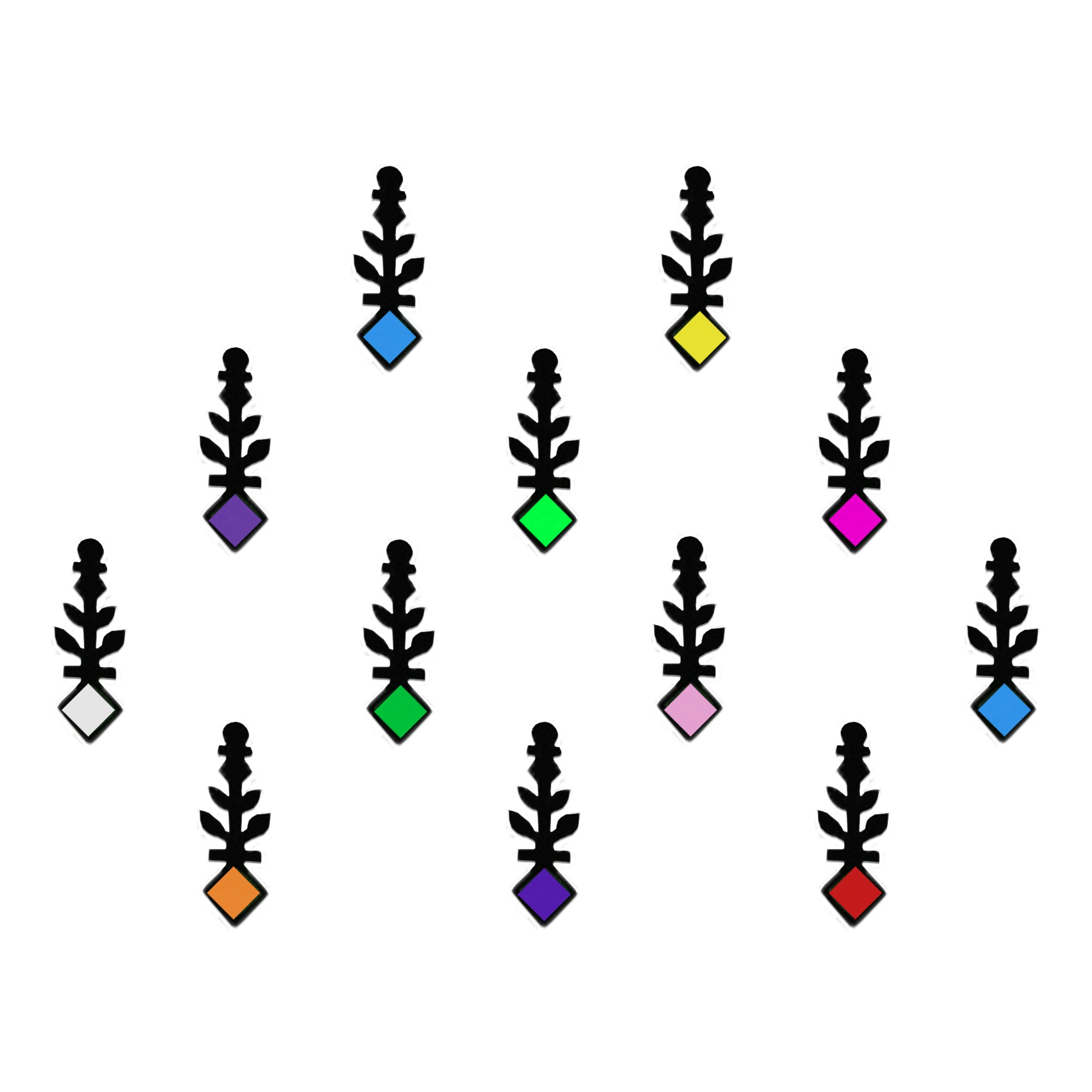 Comet Busters multicolor tribal diamond leaf designer velvet bindi sheet featuring 12 vertical bindis with colorful diamond-shaped centers in blue, yellow, green, pink, white, orange, red, purple, and light pink, finished with bold black leaf-inspired detailing for festive, traditional, and ethnic wear.